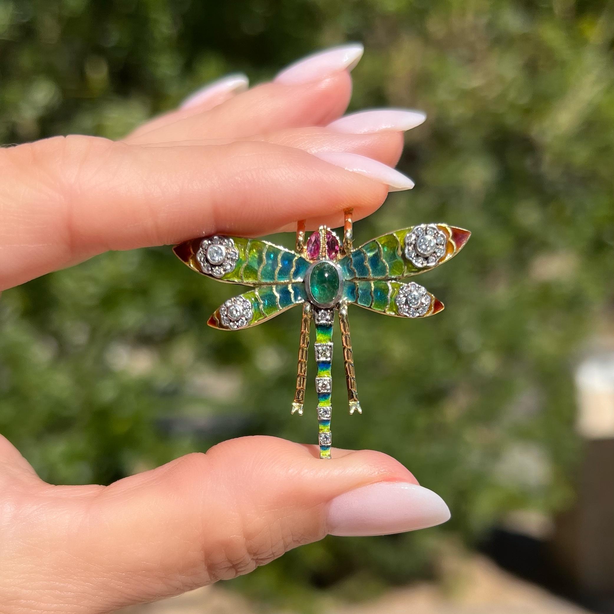 Contemporary Plique a Jour Dragonfly Emerald Ruby Diamond Gold Brooch Estate Fine Jewelry
