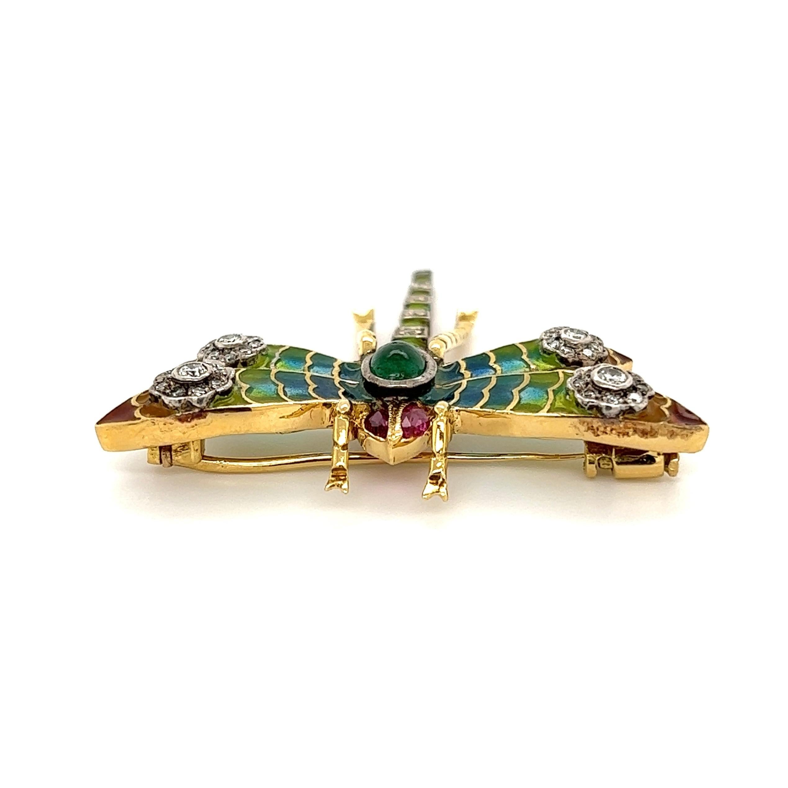 Mixed Cut Plique a Jour Dragonfly Emerald Ruby Diamond Gold Brooch Estate Fine Jewelry