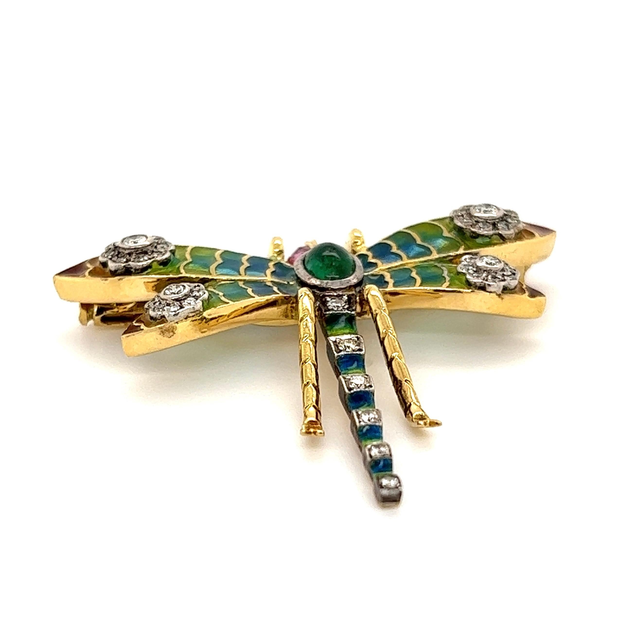 Plique a Jour Dragonfly Emerald Ruby Diamond Gold Brooch Estate Fine Jewelry In Excellent Condition In Montreal, QC