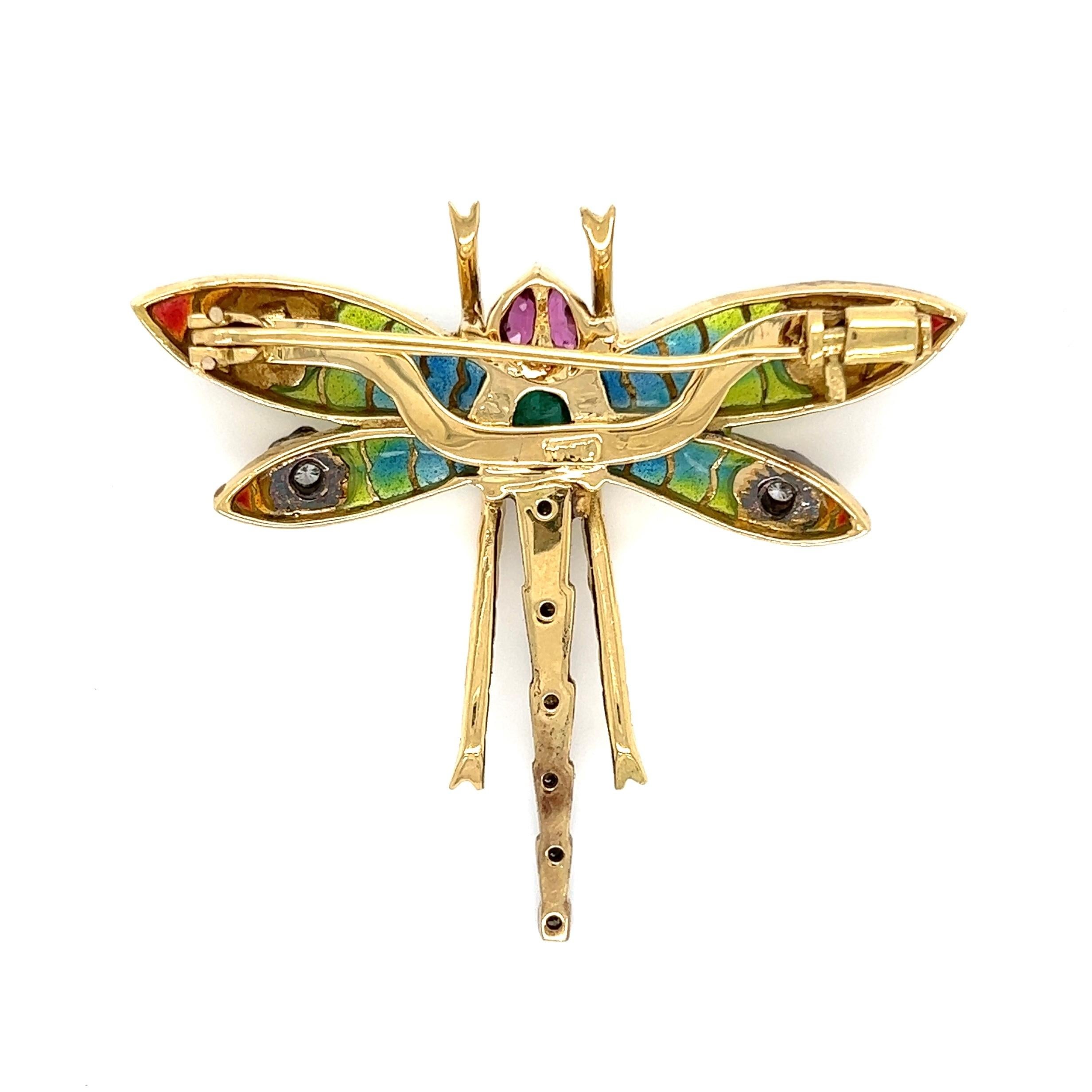 Women's Plique a Jour Dragonfly Emerald Ruby Diamond Gold Brooch Estate Fine Jewelry