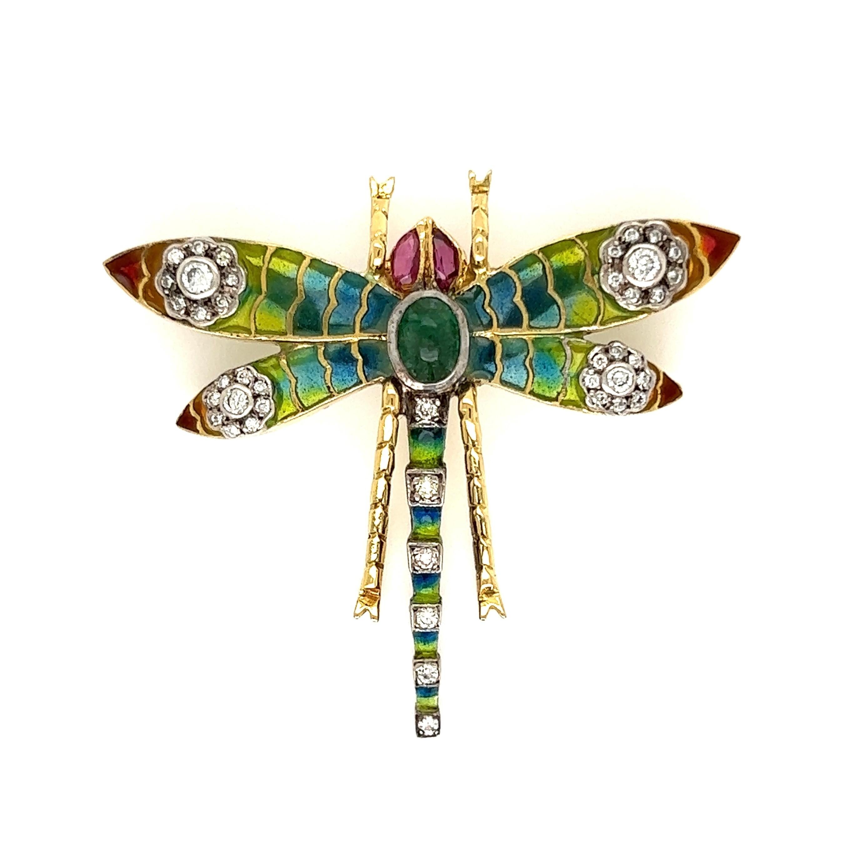 Plique a Jour Dragonfly Emerald Ruby Diamond Gold Brooch Estate Fine Jewelry 1