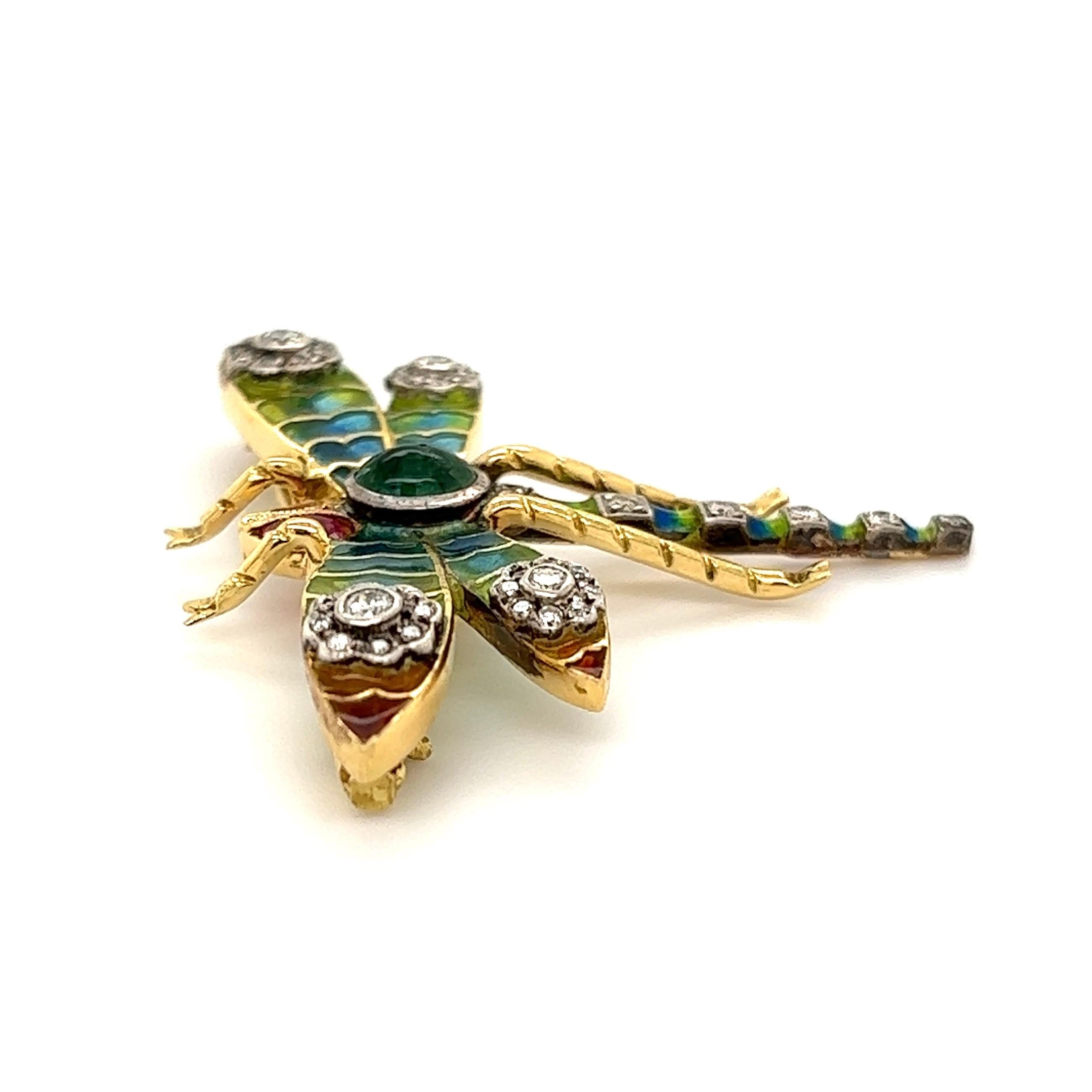 Plique a Jour Dragonfly Emerald Ruby Diamond Gold Brooch Estate Fine Jewelry 2