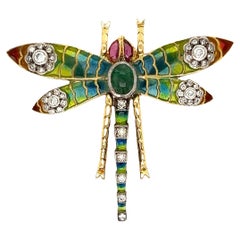Plique a Jour Dragonfly Emerald Ruby Diamond Gold Brooch Estate Fine Jewelry