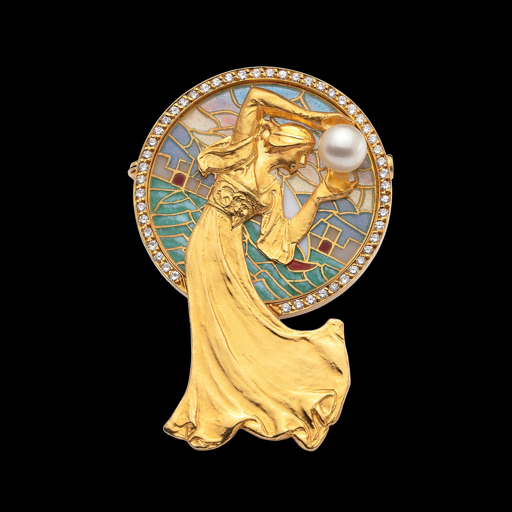 Art Nouveau styling come to life! This 18k gold brooch-pendant is designed with a seaside motif plique-a-jour enamel, complete with sailboat, sky and ocean, and round brilliant-cut diamond frame, acting as background to the female figure dressed in