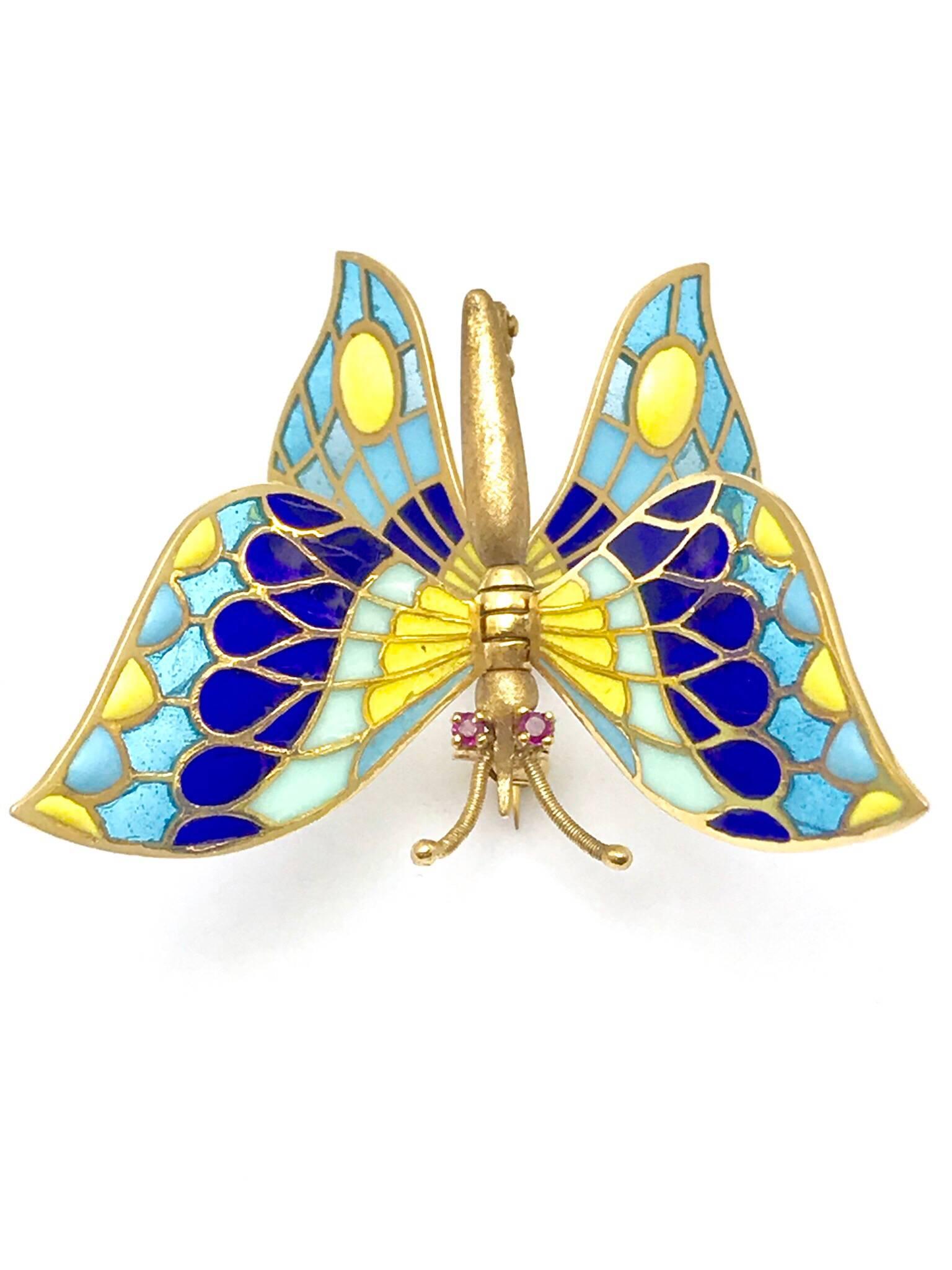 Plique à Jour Enamel and Ruby Gold Articulating Butterfly Brooch In Excellent Condition In Chevy Chase, MD