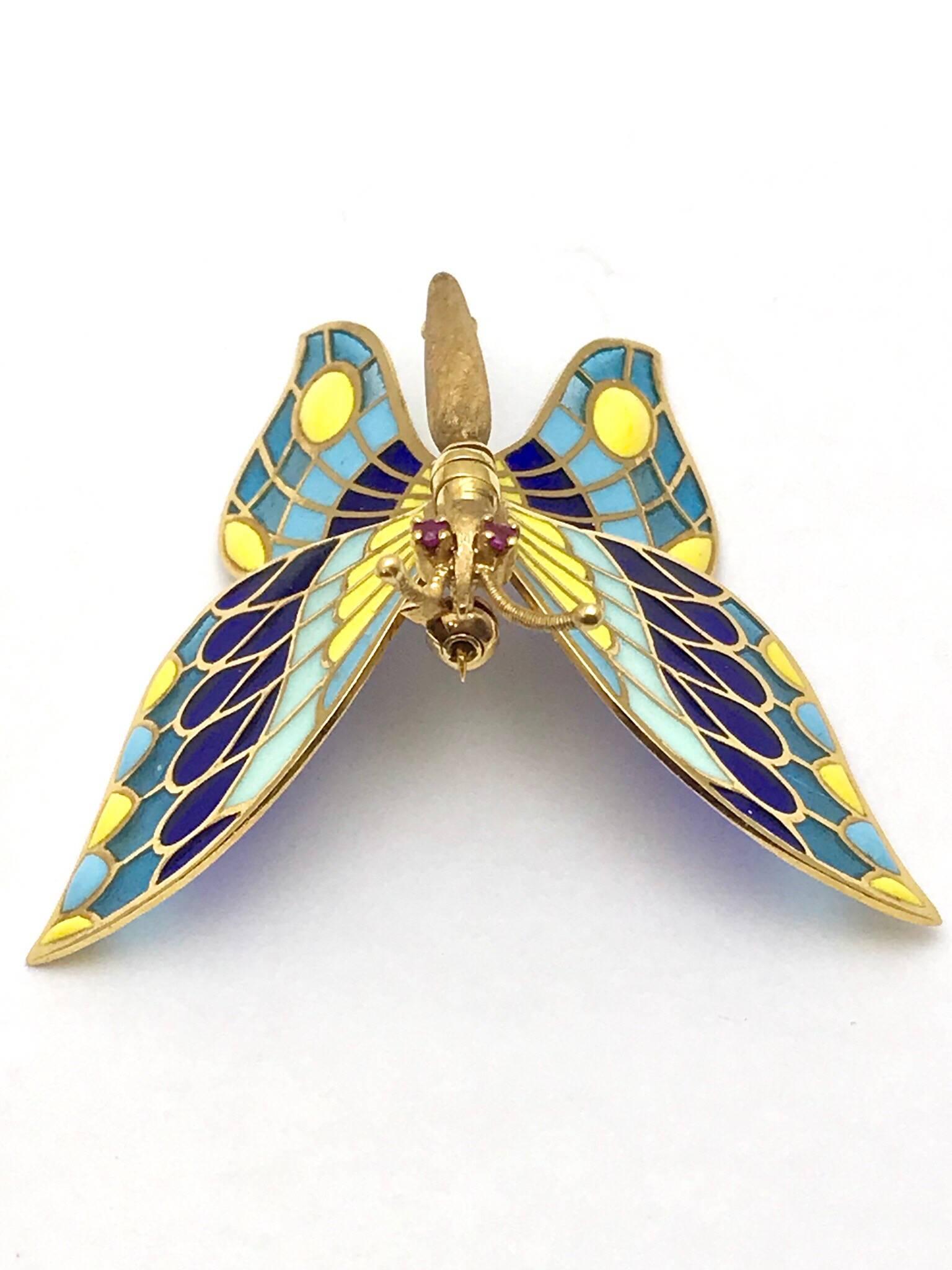 Women's or Men's Plique à Jour Enamel and Ruby Gold Articulating Butterfly Brooch