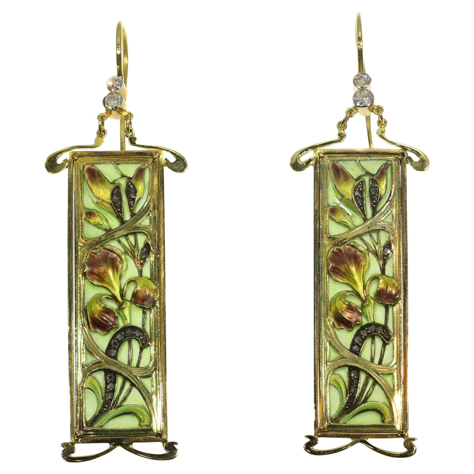 Plique a Jour Enamel Art Nouveau Stained Glass Window Earrings Emaille a Fenetre For Sale