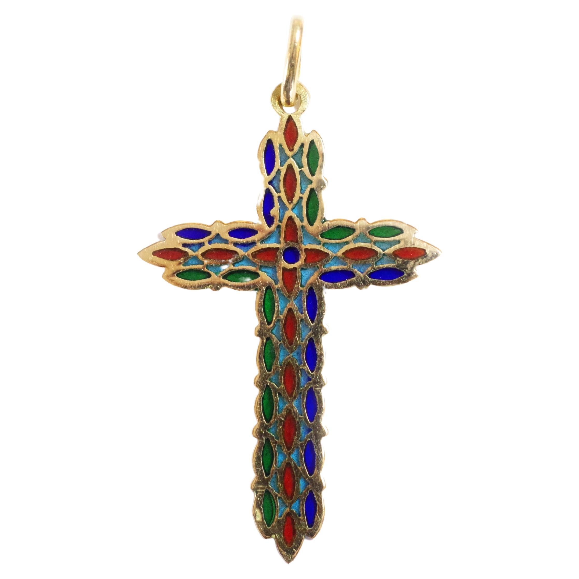 Plique a Jour Enamel Cross Pendant, Religious 18k Gold Pendant For Sale