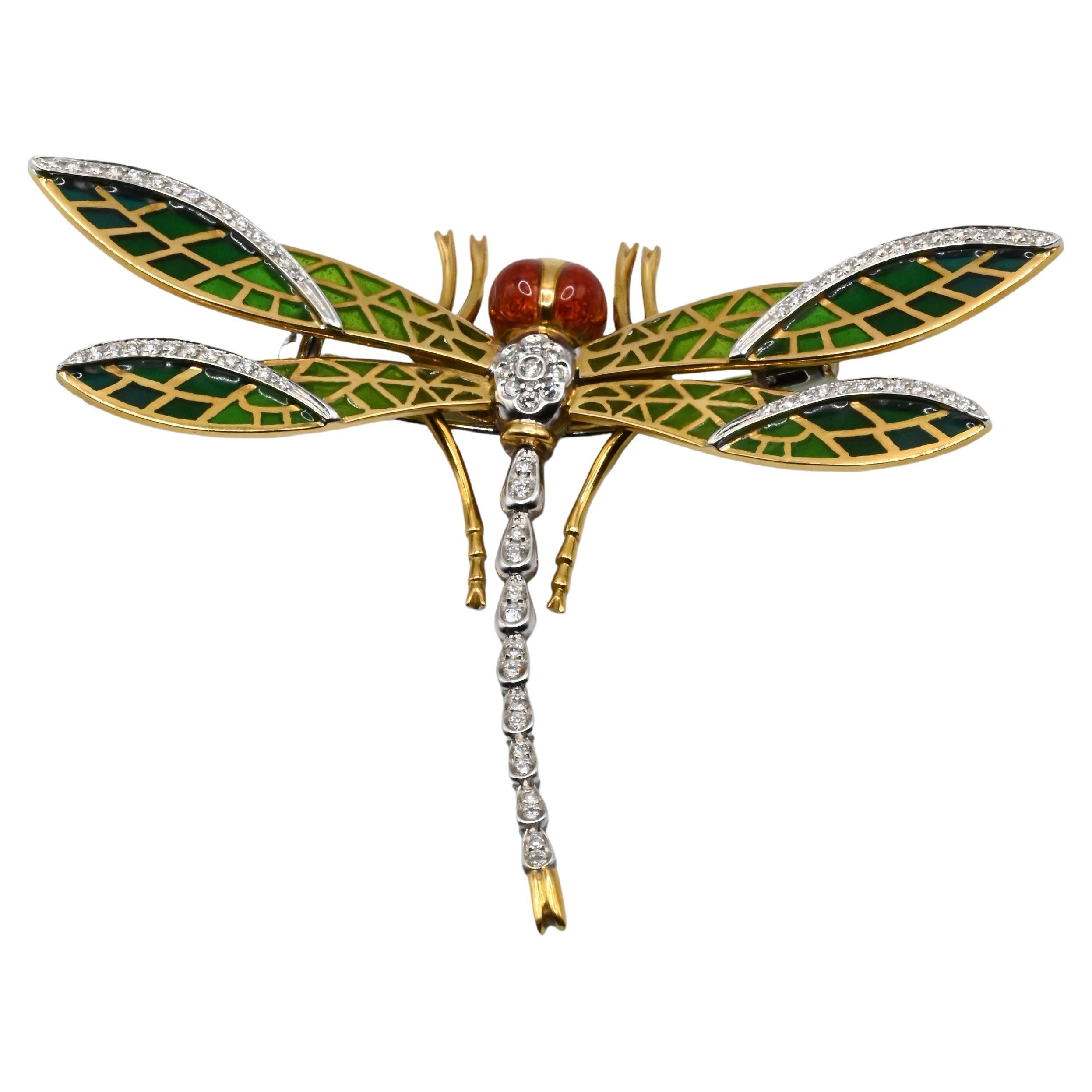 Diamond and Enamel Dragonfly Brooch For Sale at 1stDibs