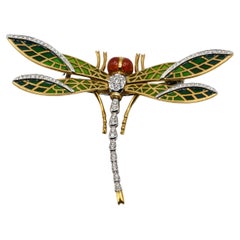 Plique-à-Jour Enamel Diamond 18K Gold Dragonfly Brooch