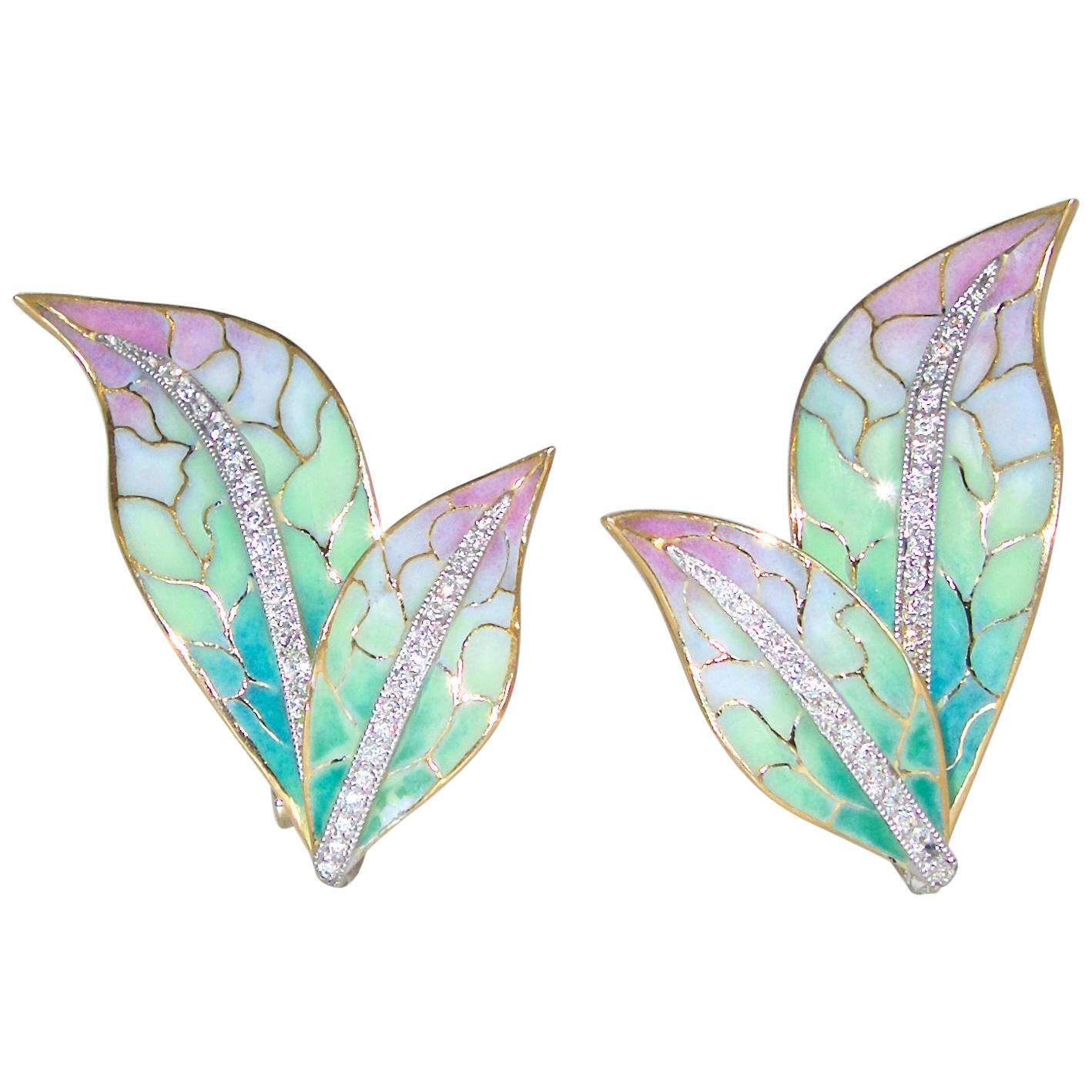 Plique a Jour Enamel, Diamond and 18 Karat Yellow and White Gold Earrings