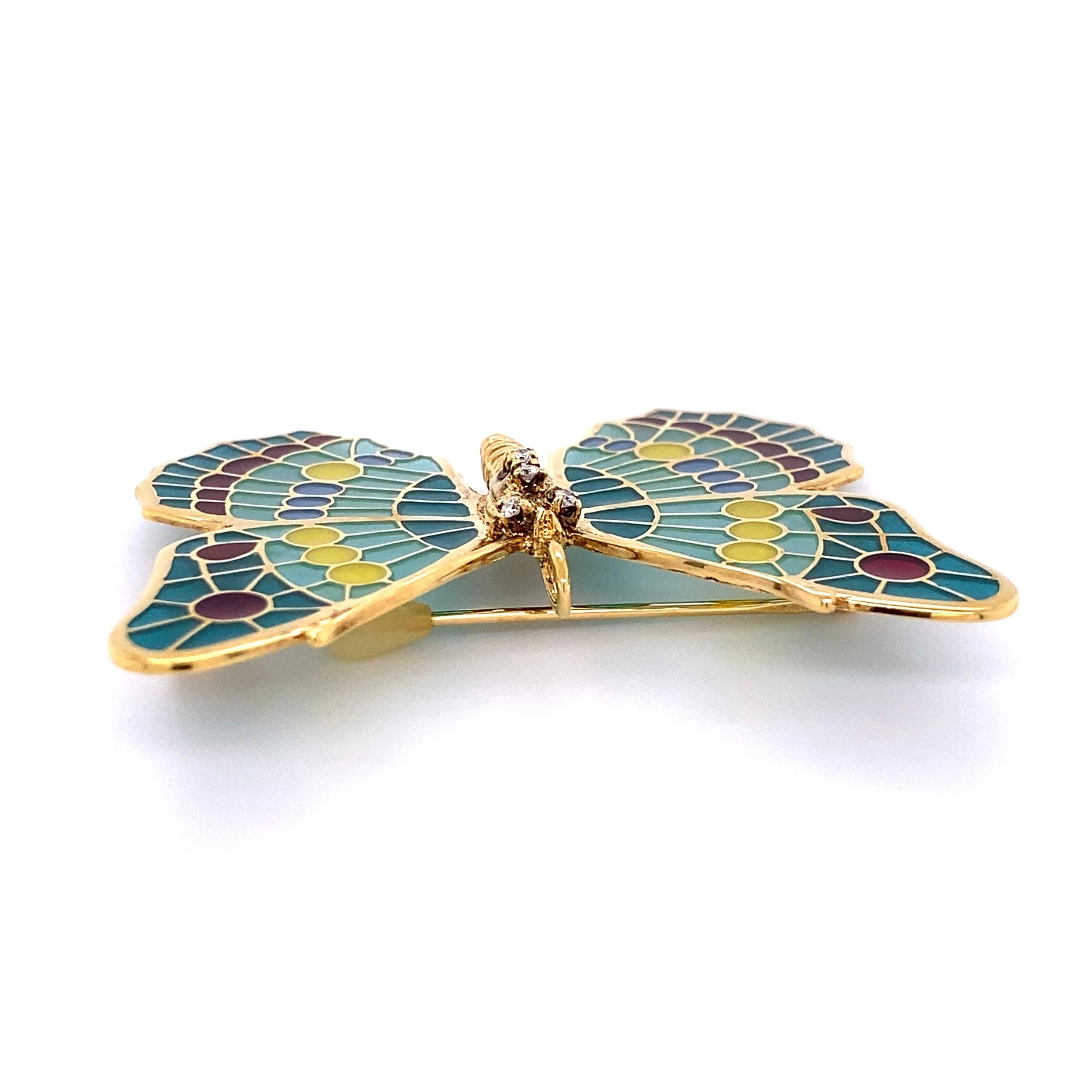 Modernist Plique à Jour Enamel Diamond Butterfly Gold Brooch Pin Fine Estate Jewelry For Sale