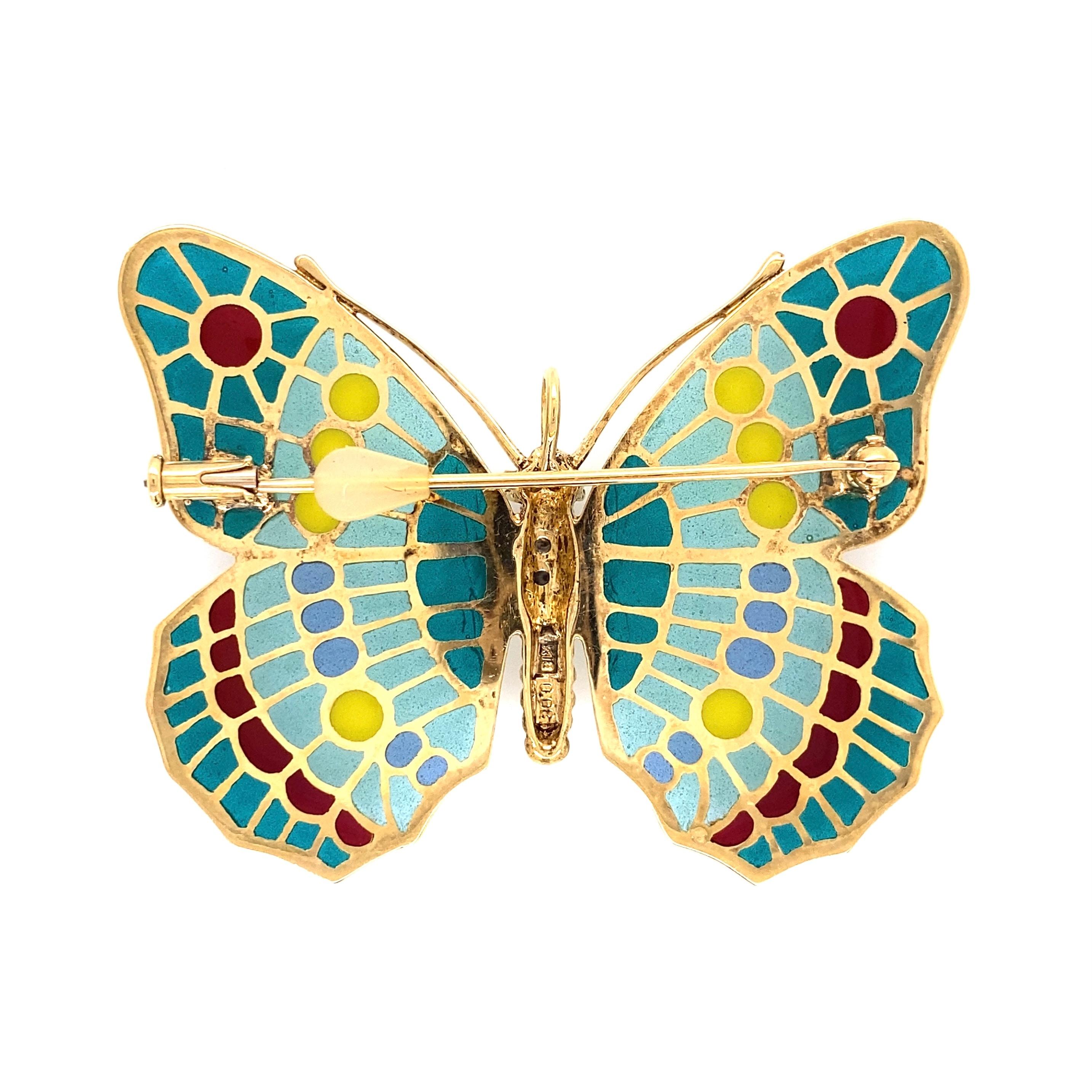 Round Cut Plique à Jour Enamel Diamond Butterfly Gold Brooch Pin Fine Estate Jewelry For Sale