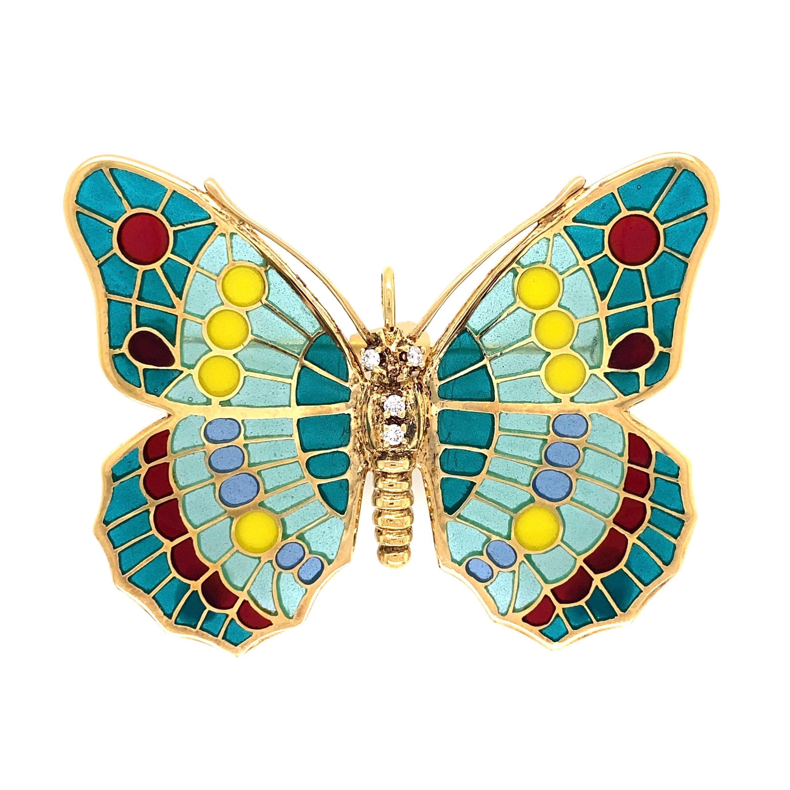 Plique à Jour Enamel Diamond Butterfly Gold Brooch Pin Fine Estate Jewelry In Excellent Condition For Sale In Montreal, QC