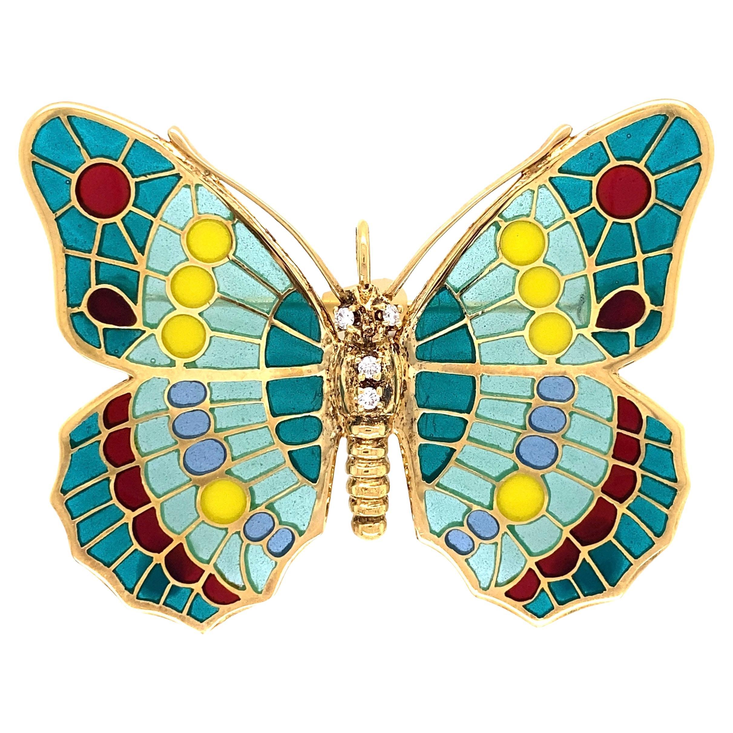 Plique à Jour Enamel Diamond Butterfly Gold Brooch Pin Fine Estate Jewelry