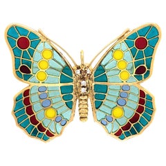 Vintage Plique à Jour Enamel Diamond Butterfly Gold Brooch Pin Fine Estate Jewelry