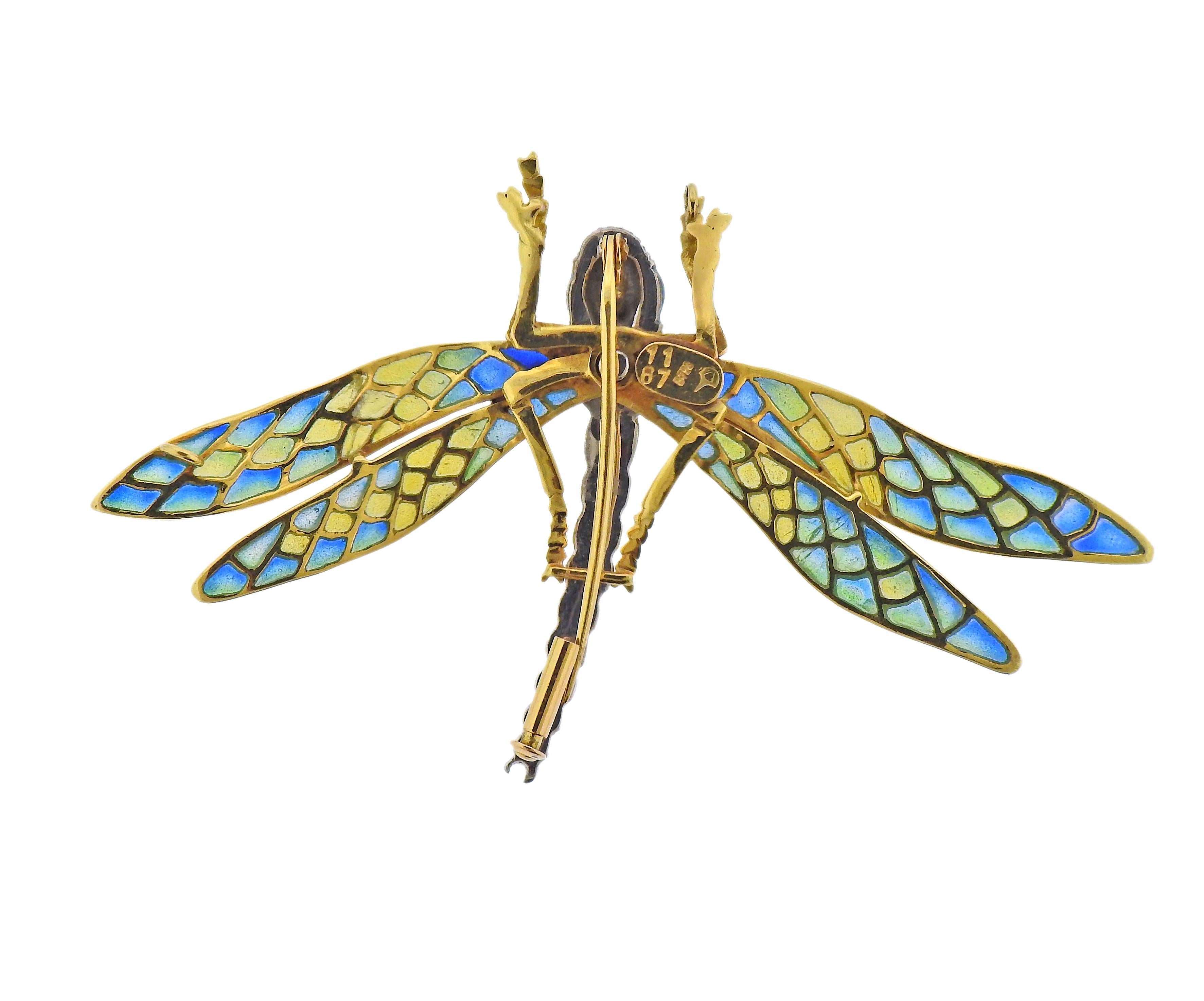 18k gold plique-a-jour and diamond dragonfly brooch. Measuring 45mm x 73mm. Marked: Hallmark, 0.75, 1167. Weight - 12.1 grams. 
