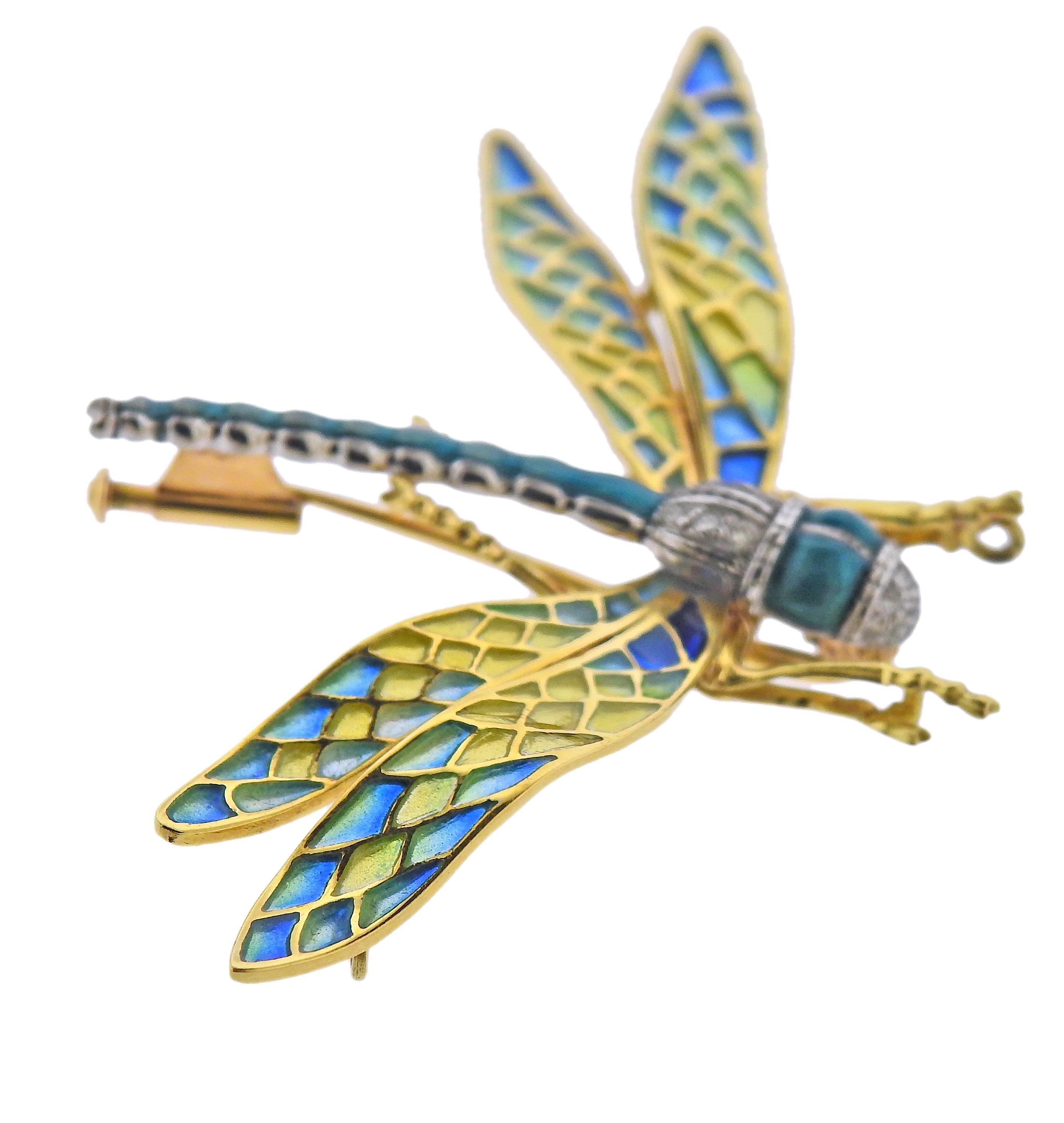 Round Cut Plique a Jour Enamel Diamond Gold Dragonfly Brooch