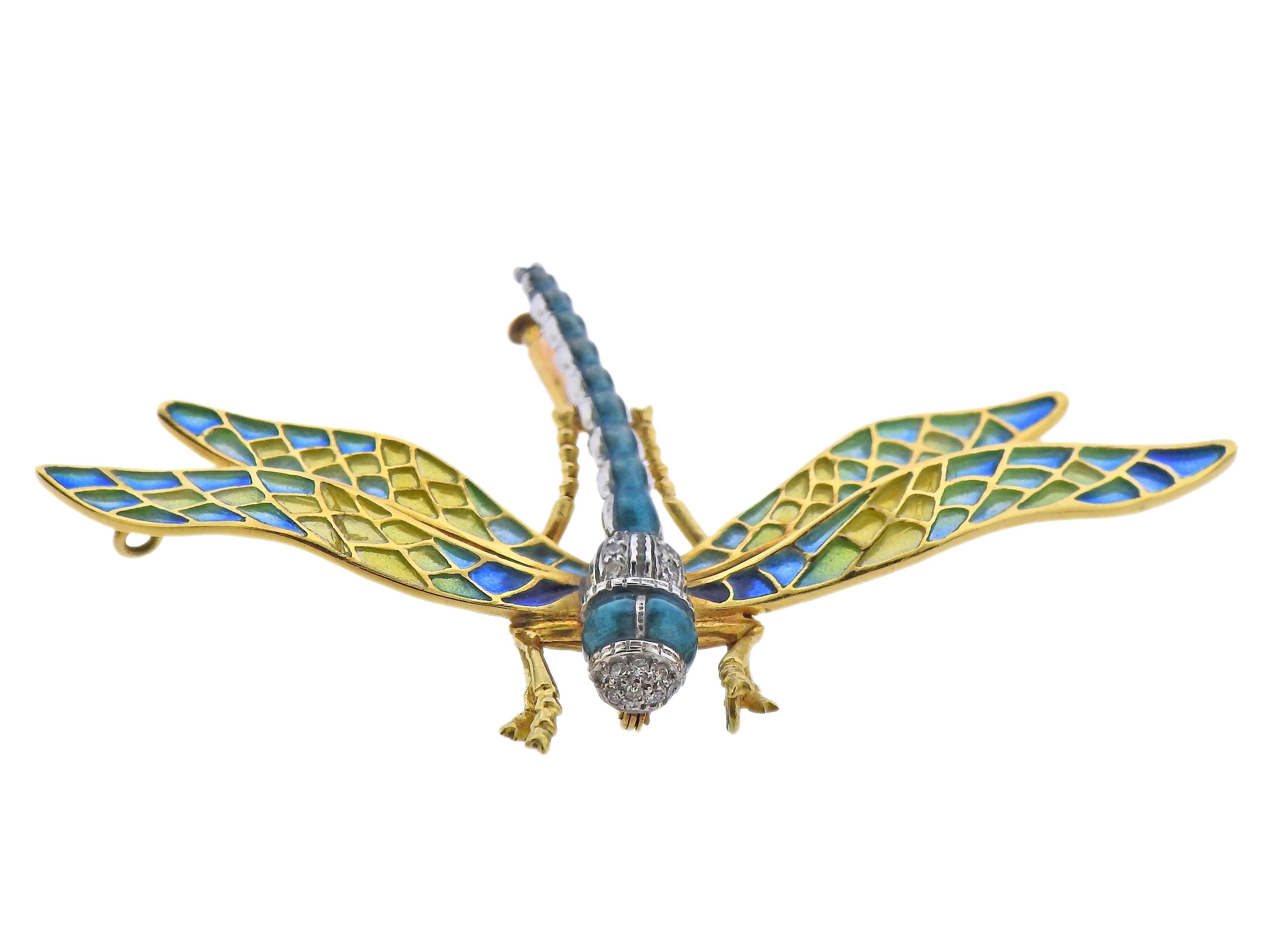 Plique a Jour Enamel Diamond Gold Dragonfly Brooch In Excellent Condition In New York, NY