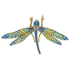 Plique a Jour Enamel Diamond Gold Dragonfly Brooch
