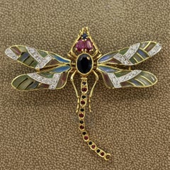 Plique-à-Jour Enamel Diamond Sapphire Ruby Gold Dragonfly Brooch
