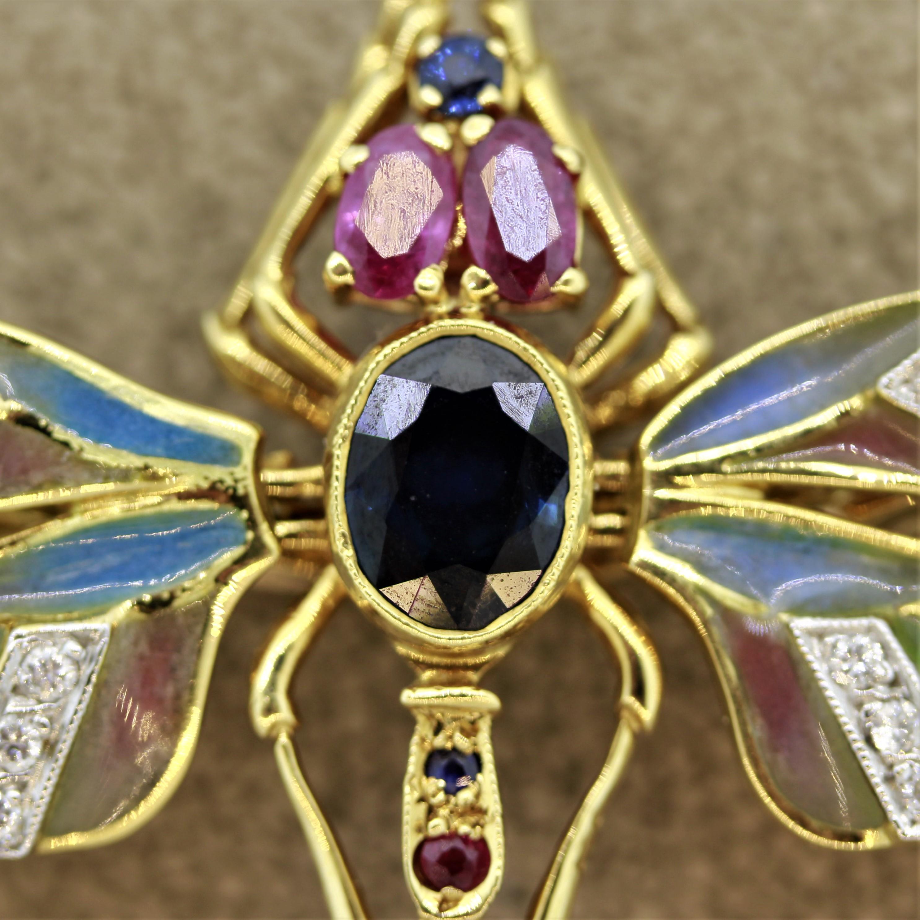 Round Cut Plique-à-Jour Enamel Diamond Sapphire Ruby Gold Dragonfly Brooch For Sale