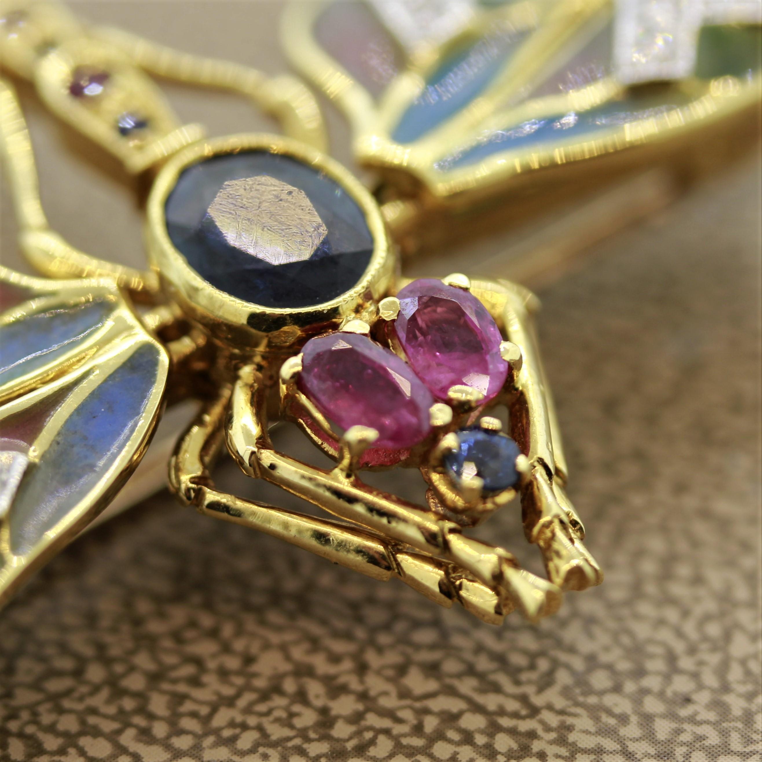 Plique-à-Jour Enamel Diamond Sapphire Ruby Gold Dragonfly Brooch In New Condition For Sale In Beverly Hills, CA