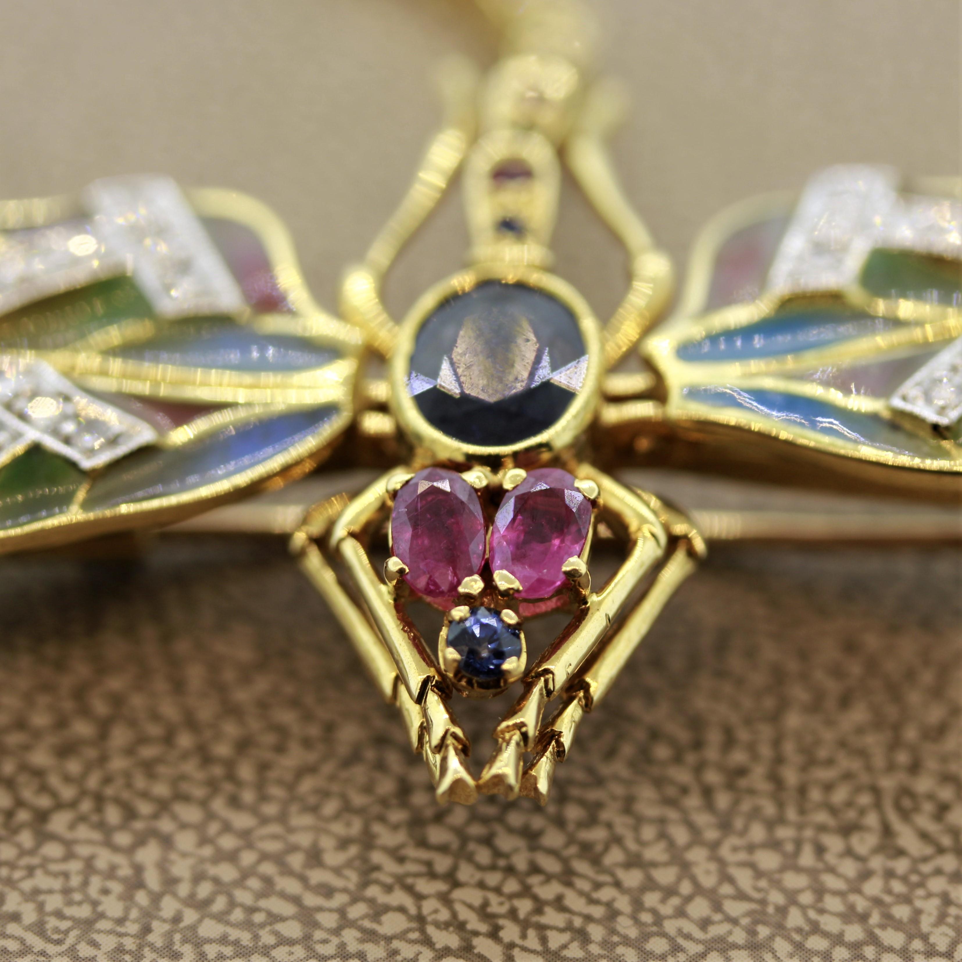 Women's or Men's Plique-à-Jour Enamel Diamond Sapphire Ruby Gold Dragonfly Brooch For Sale