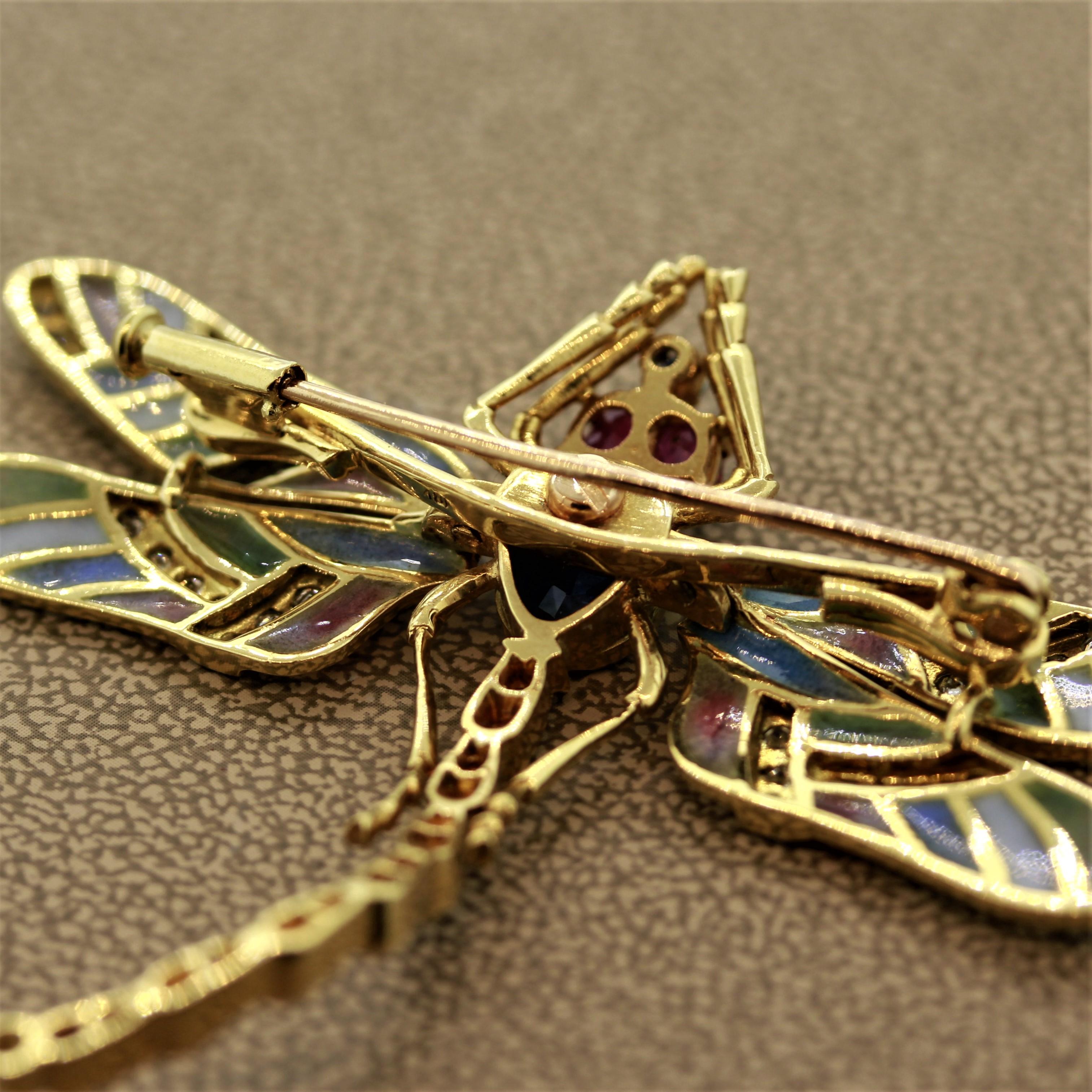 Plique-à-Jour Enamel Diamond Sapphire Ruby Gold Dragonfly Brooch For Sale 1