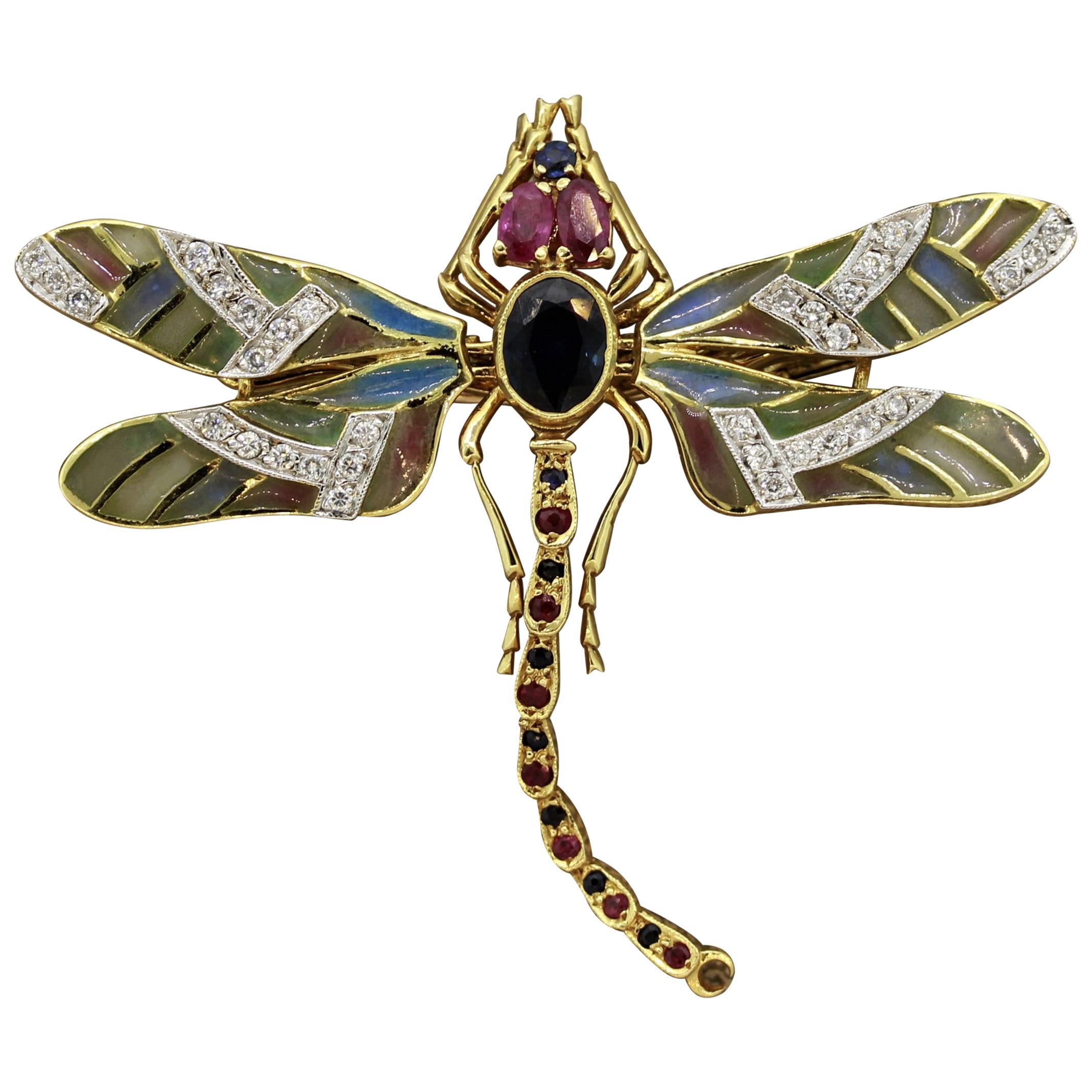 Plique-à-Jour Enamel Diamond Sapphire Ruby Gold Dragonfly Brooch