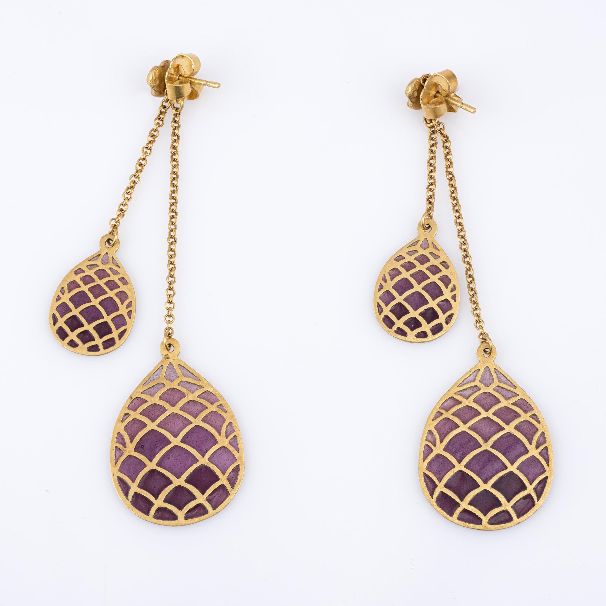 Elegant pair of contemporary estate plique a jour enamel earrings crafted in 18k yellow gold. 

The stylish earrings measure 2.75 inches for a dramatic day or evening look. Plique a jour enamel in shades of light to darker purple is set into the