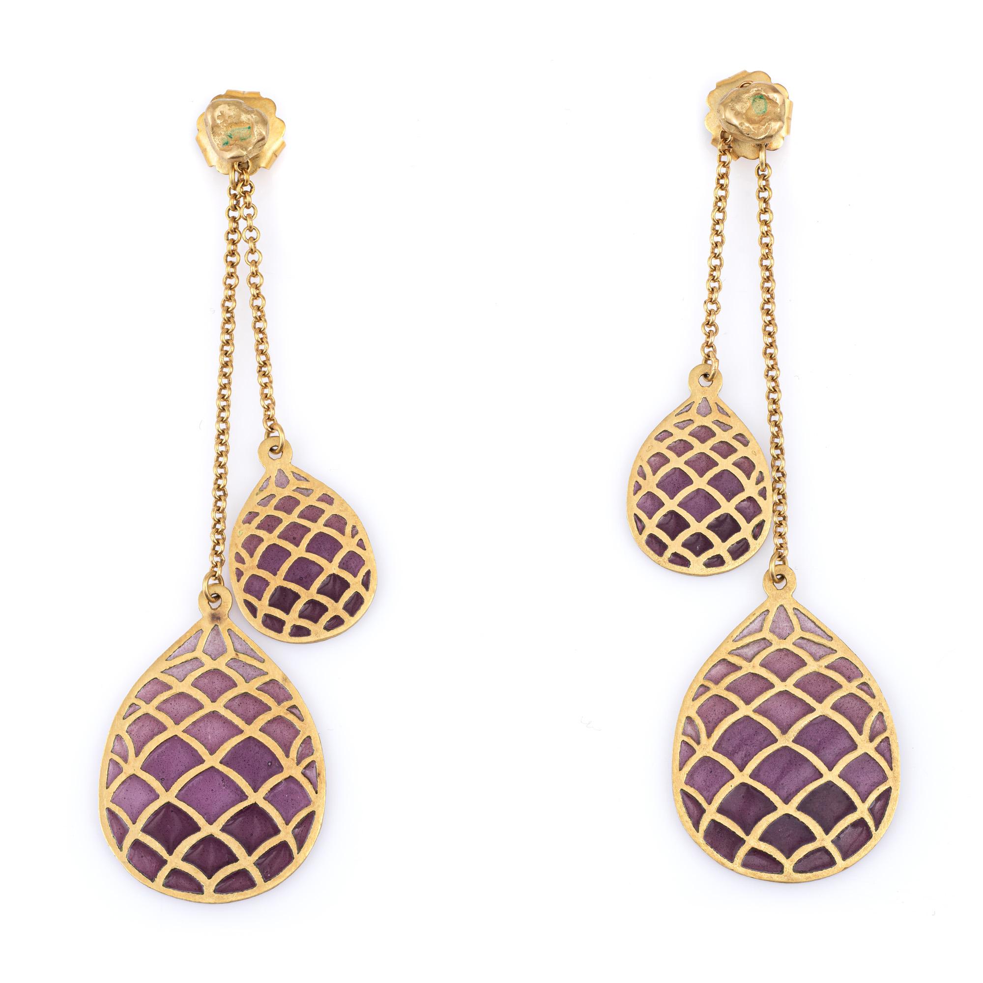 Plique a Jour Enamel Earrings Estate 18k Yellow Gold Drops Fine Jewelry In Good Condition For Sale In Torrance, CA