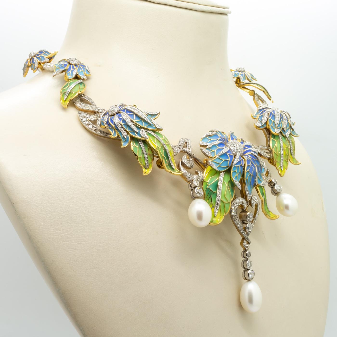 Plique-à-jour Enamel, Pearl and Diamond Flower Necklace For Sale 1