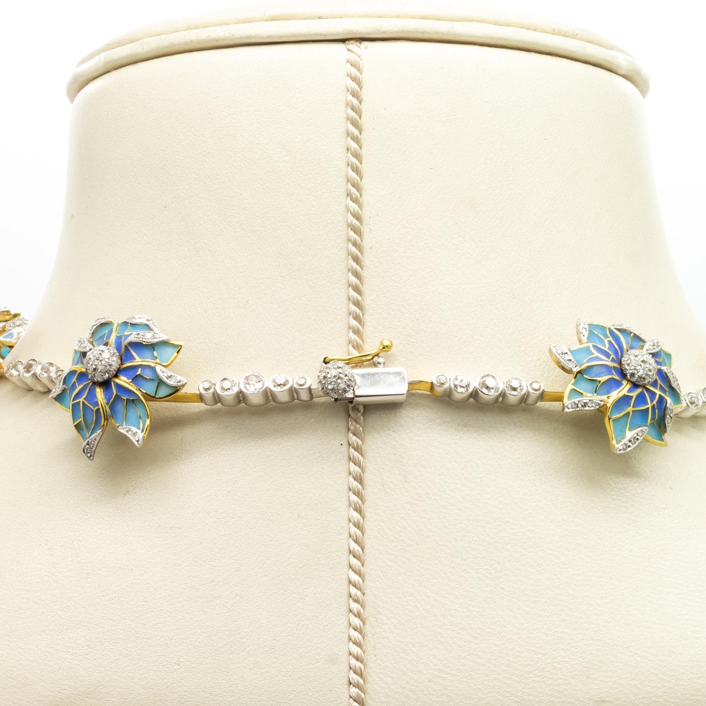 Plique-à-jour Enamel, Pearl and Diamond Flower Necklace For Sale 2