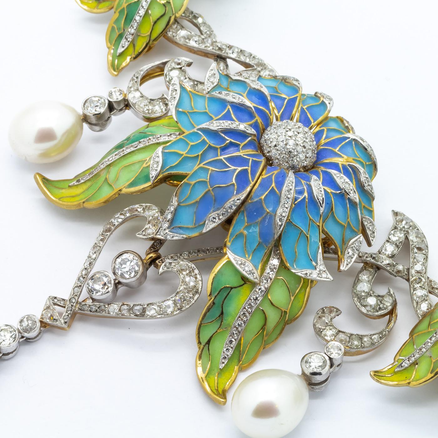 Blumenhalskette aus Emaille, Perlen und Diamanten von Plique-à-jour (Alteuropäischer Schliff) im Angebot