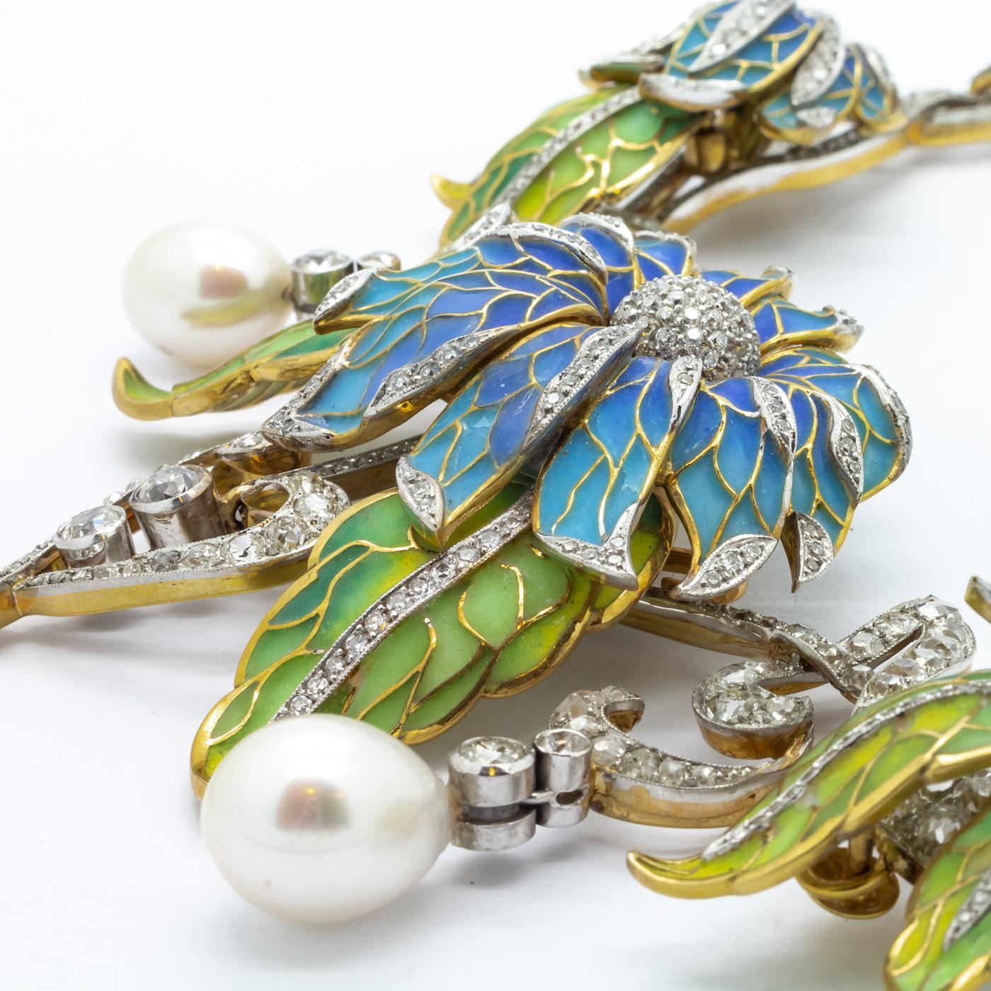 Art Nouveau Plique-à-jour Enamel, Pearl and Diamond Flower Necklace For Sale