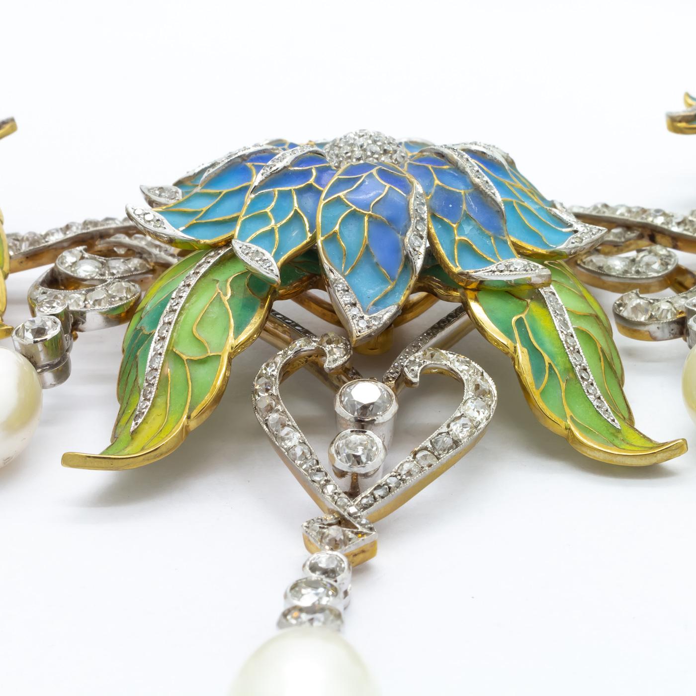 Old European Cut Plique-à-jour Enamel, Pearl and Diamond Flower Necklace For Sale