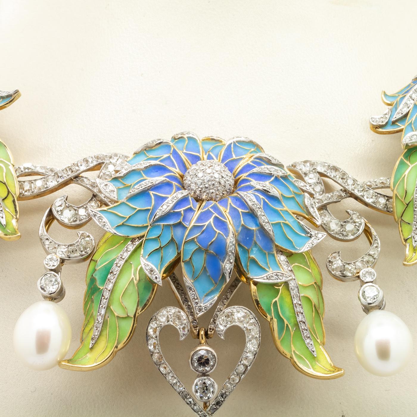 Women's Plique-à-jour Enamel, Pearl and Diamond Flower Necklace For Sale