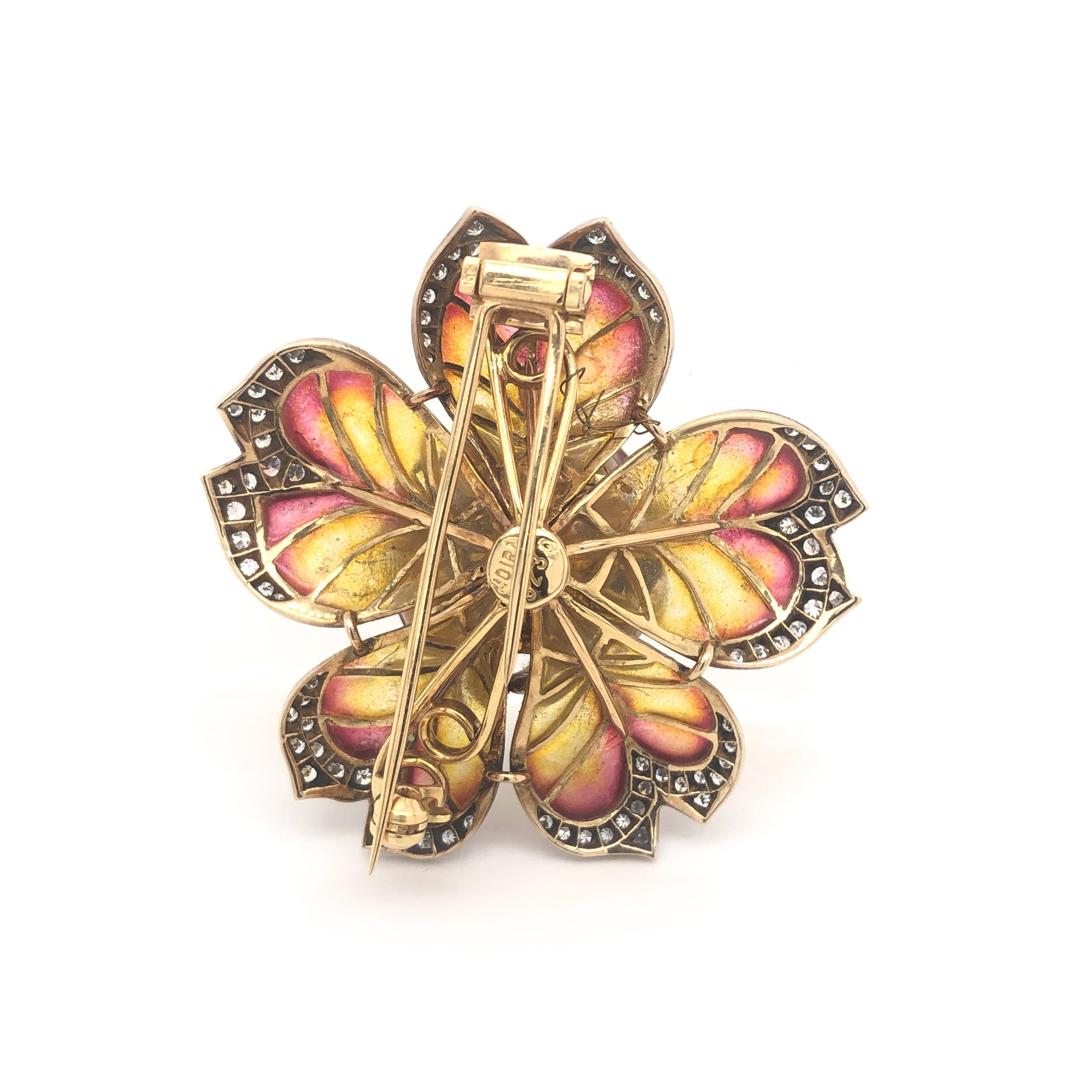 Round Cut Plique a Jour Enamel, Ruby, Diamond, Gold and Silver Flower Brooch For Sale