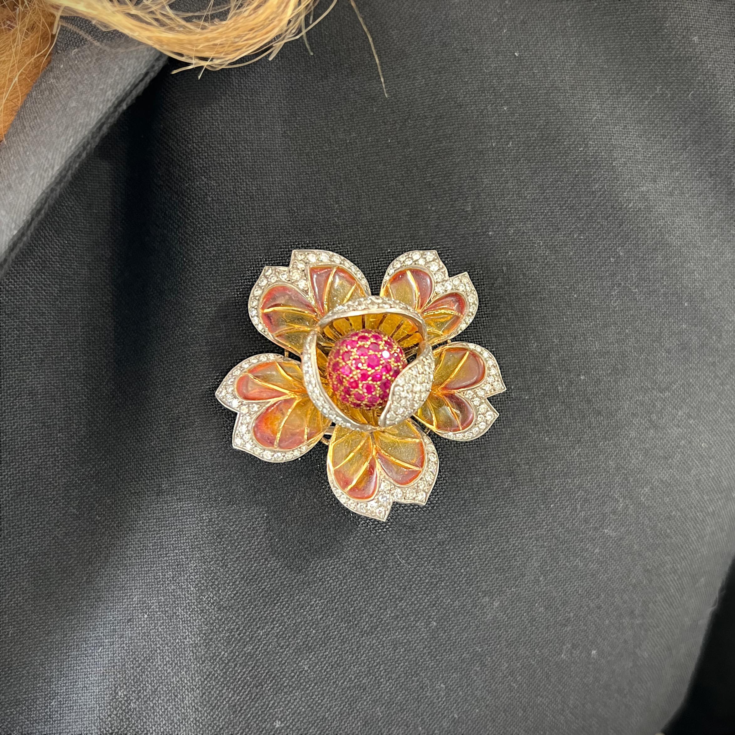 Plique a Jour Enamel, Ruby, Diamond, Gold and Silver Flower Brooch In Good Condition For Sale In London, GB