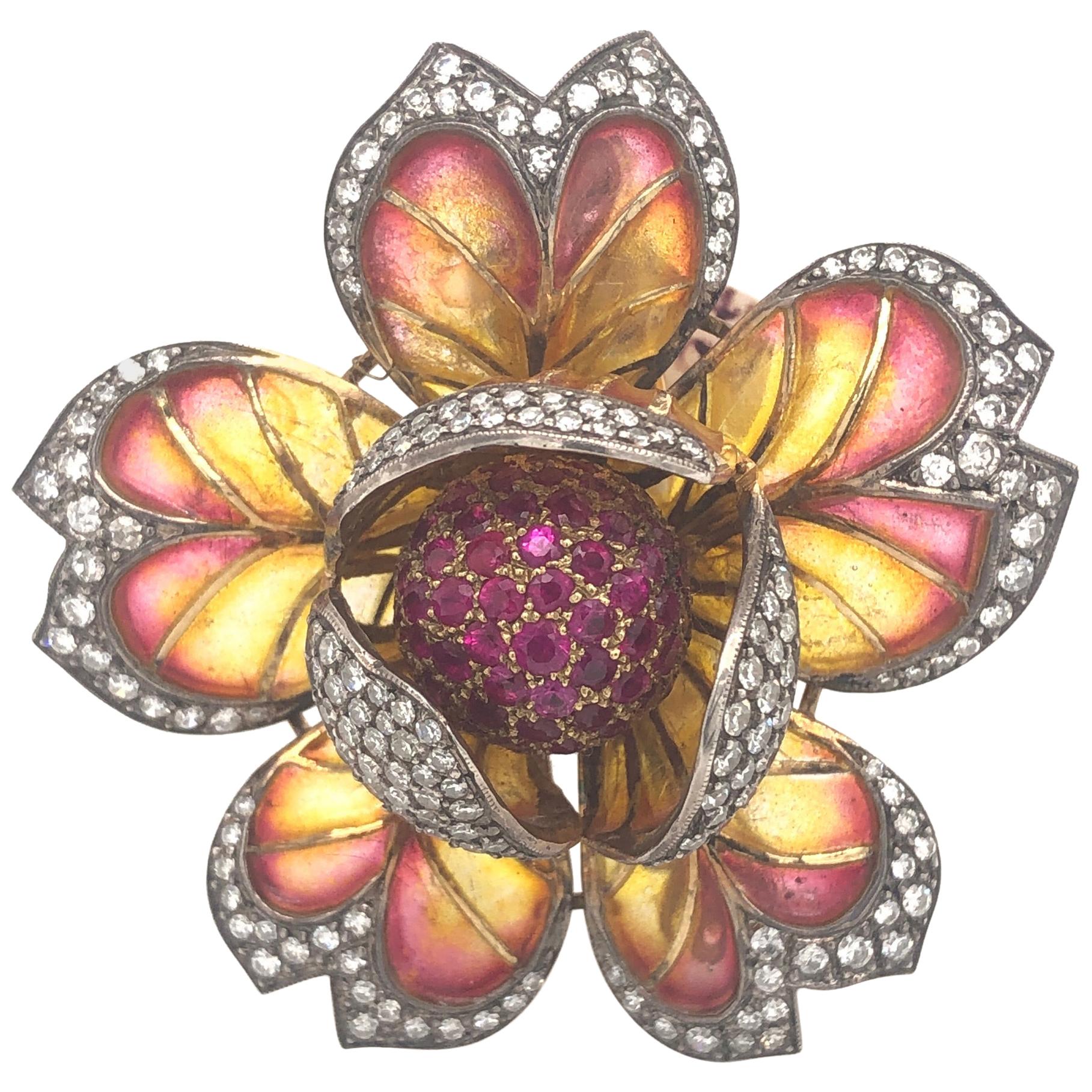 Plique a Jour Enamel, Ruby, Diamond, Gold and Silver Flower Brooch