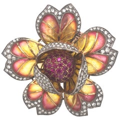 Plique a Jour Enamel, Ruby, Diamond, Gold and Silver Flower Brooch