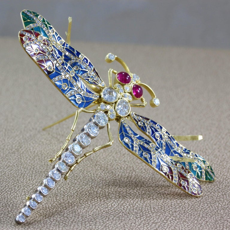 PliqueaJour Enamel Ruby Diamond Gold Dragonfly Brooch For Sale at 1stdibs