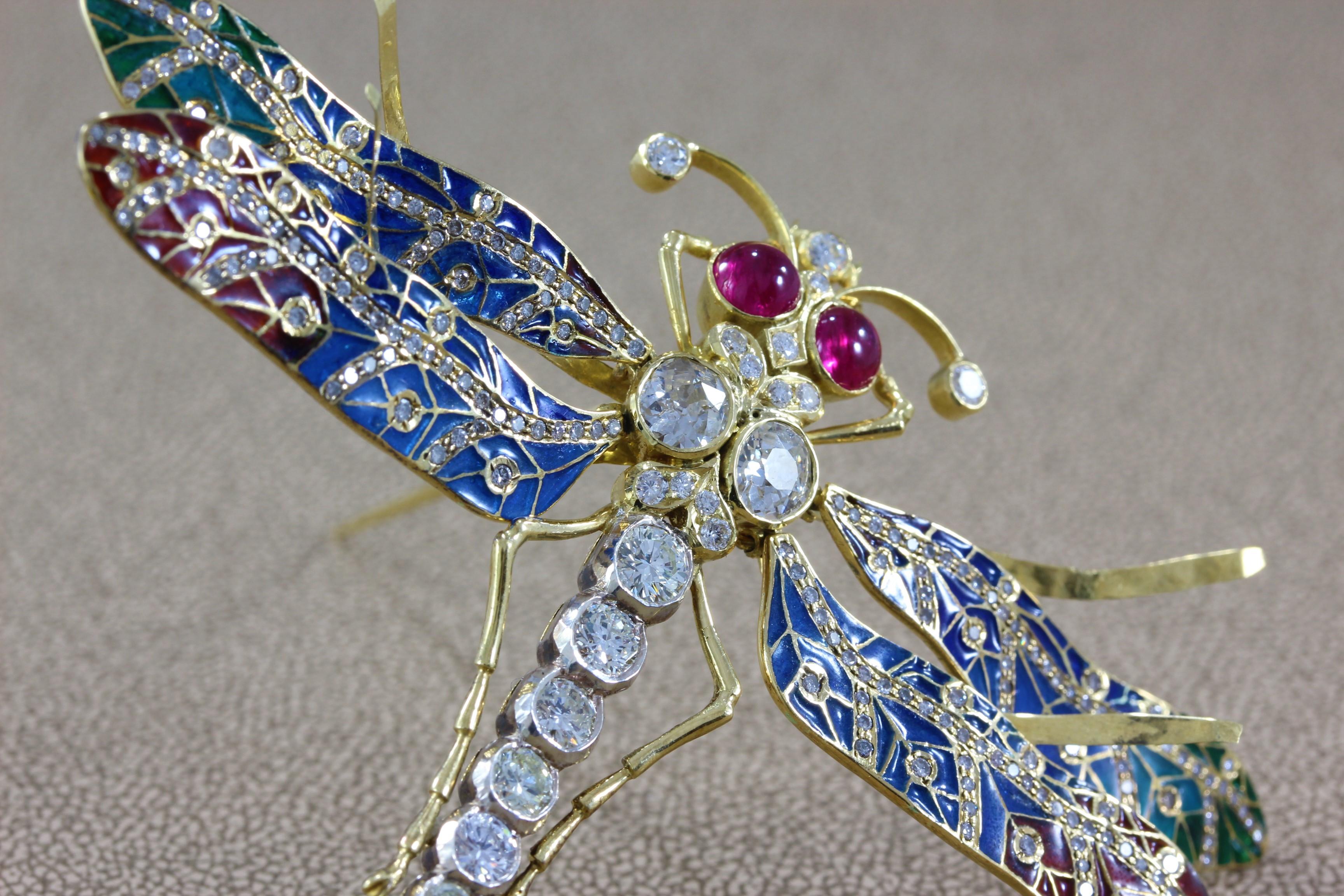 Diamond Ruby Plique-a-Jour Enamel Gold Dragonfly Brooch In Excellent Condition In Beverly Hills, CA