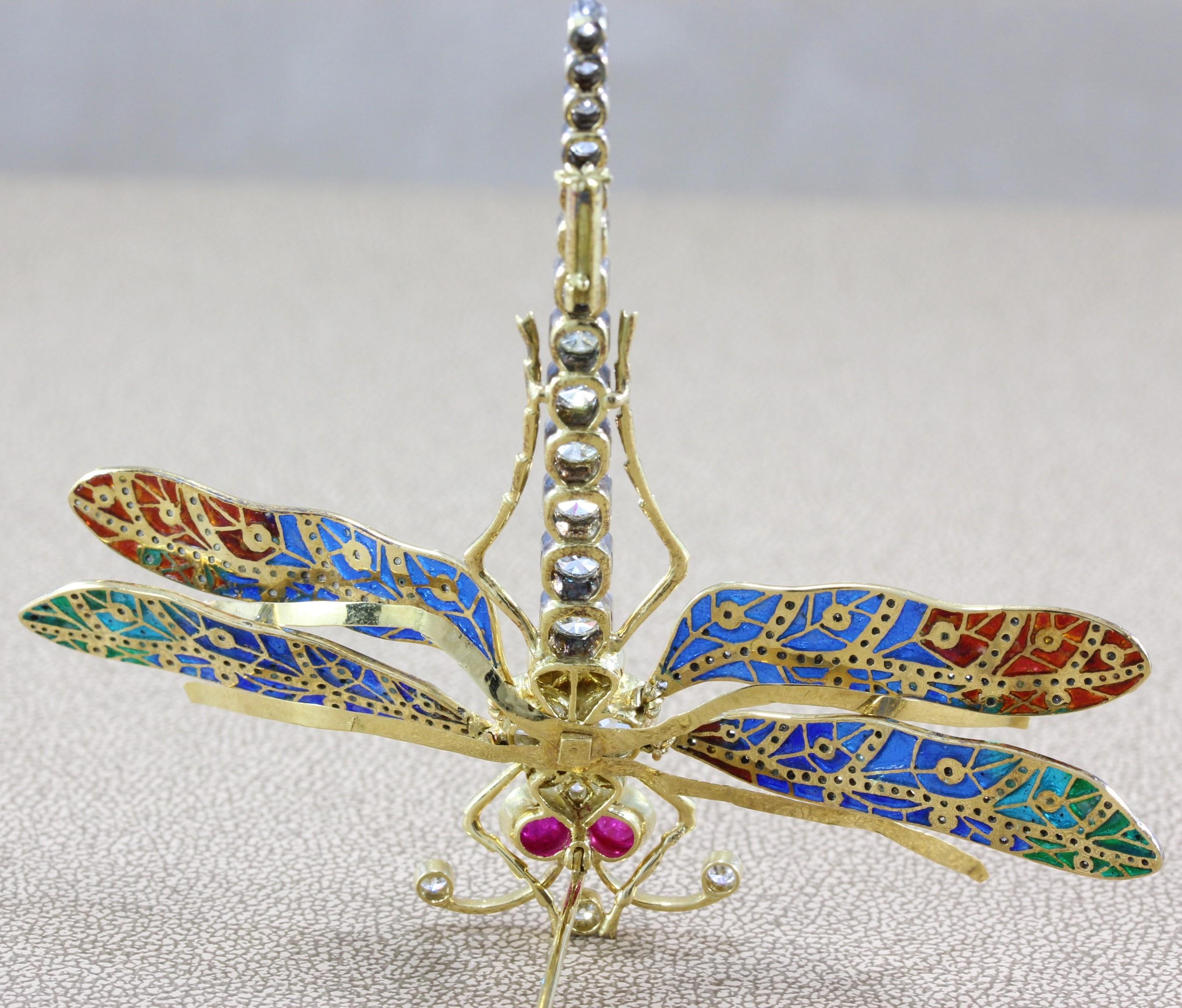 Women's or Men's Diamond Ruby Plique-a-Jour Enamel Gold Dragonfly Brooch