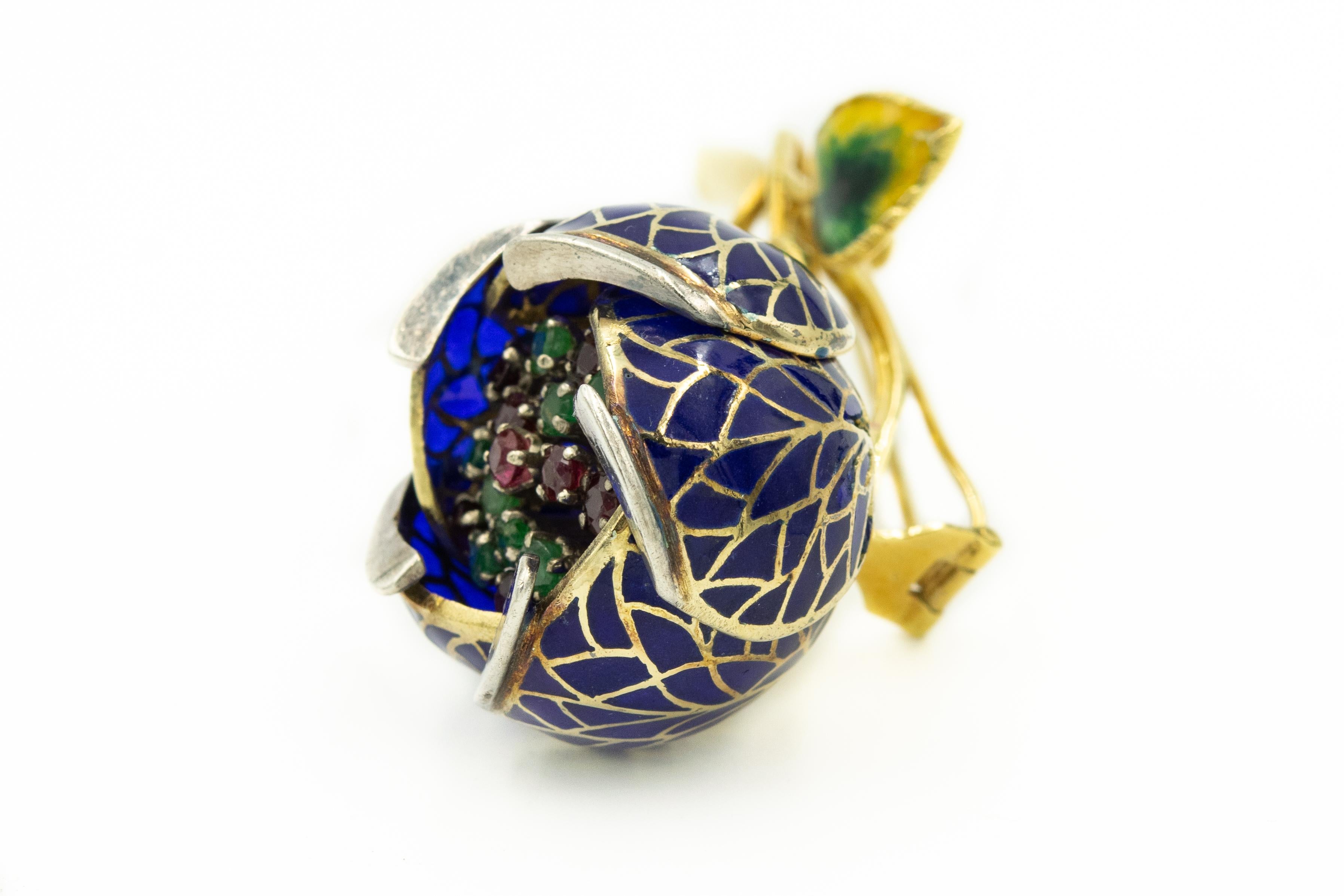 Plique à Jour Emaille Rubin Smaragd en Tremblant Blume Gold Brosche passender Ring im Angebot 5