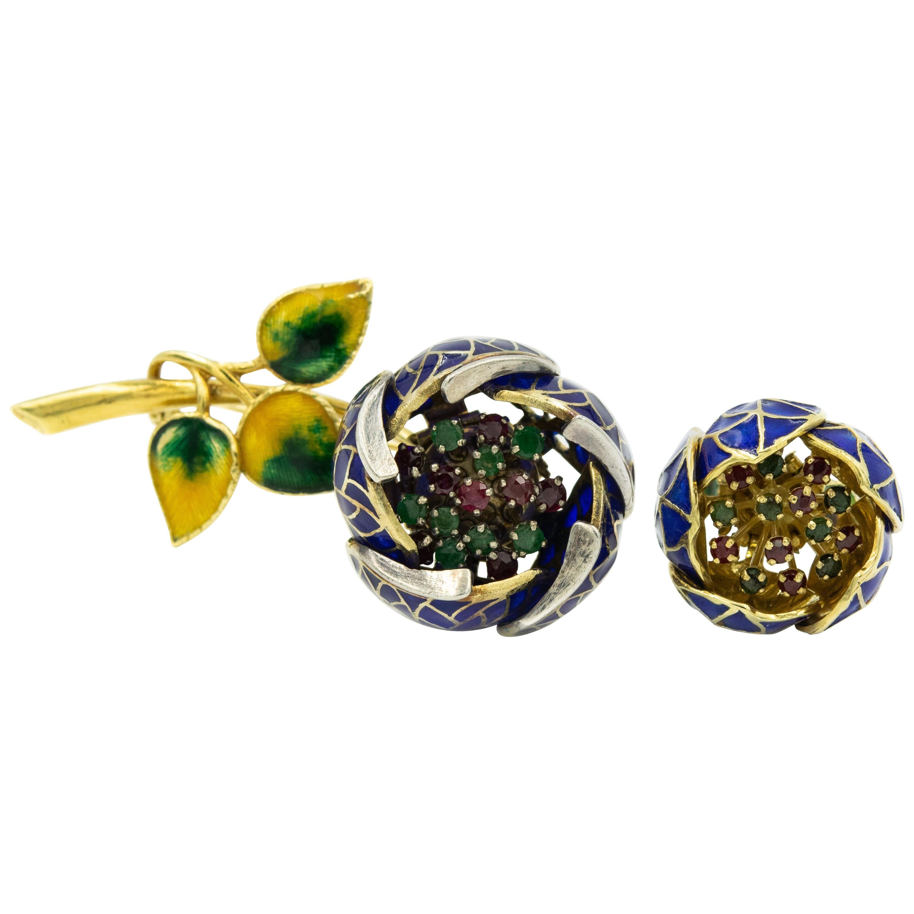 Plique à Jour Enamel Ruby Emerald en Tremblant Flower Gold Brooch Matching Ring