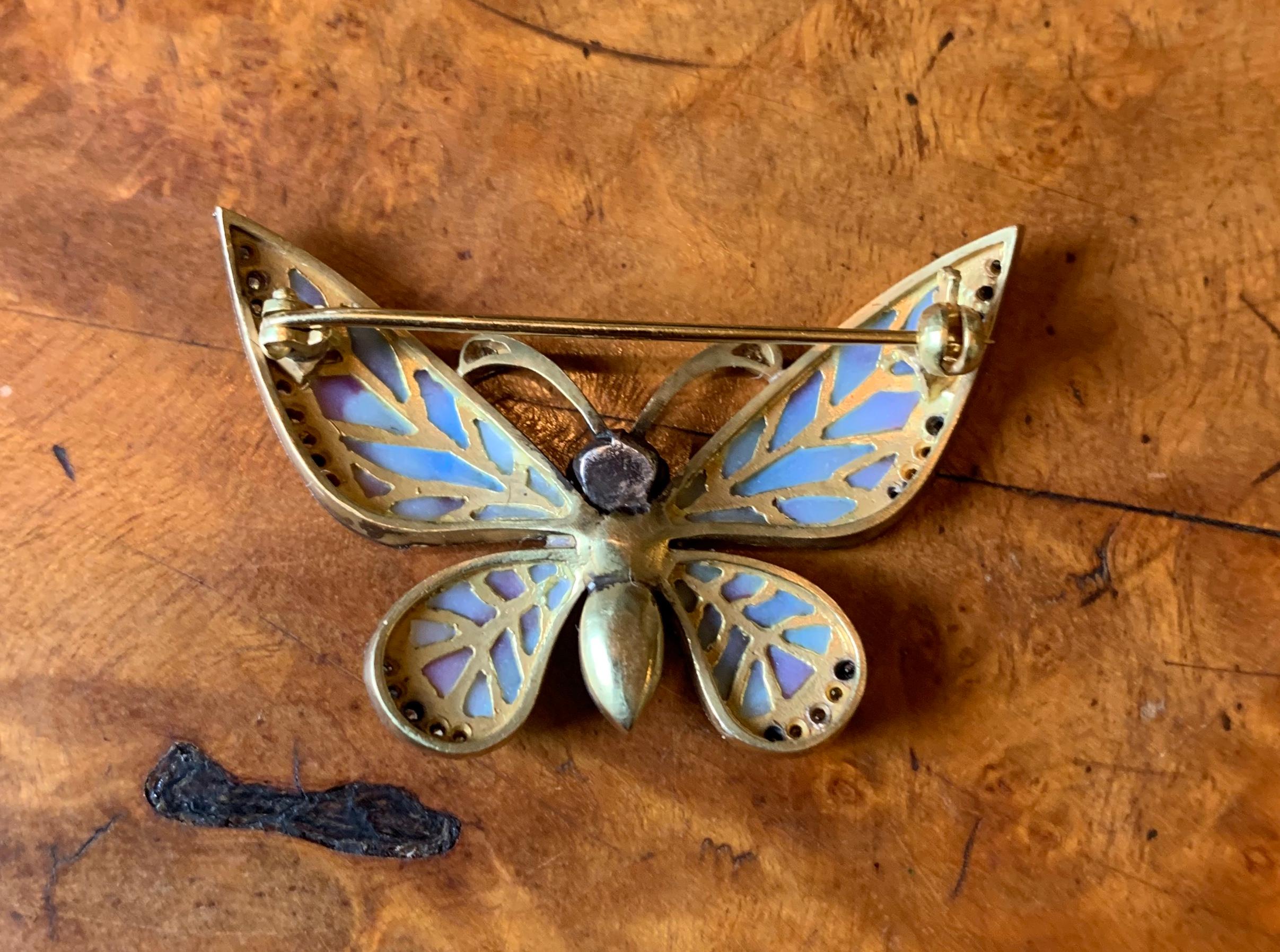 Plique-a-Jour Enamel Sapphire Diamond Butterfly Brooch Art Nouveau 18 Karat Gold For Sale 3