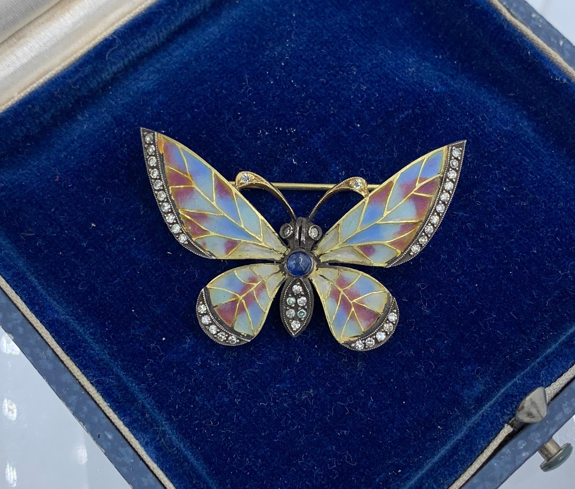 Round Cut Plique-a-Jour Enamel Sapphire Diamond Butterfly Brooch Art Nouveau 18 Karat Gold For Sale