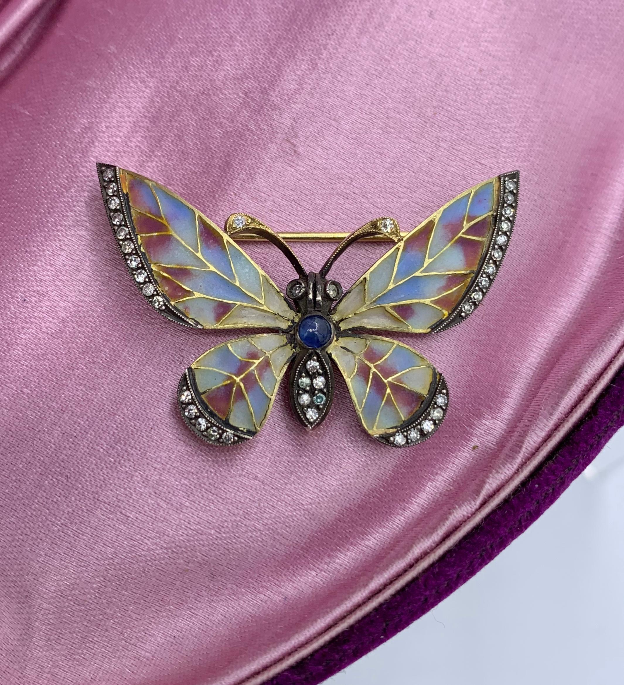 Broche plique-à-jour papillon Art nouveau en or 18 carats, émail, saphir et diamants en vente 2